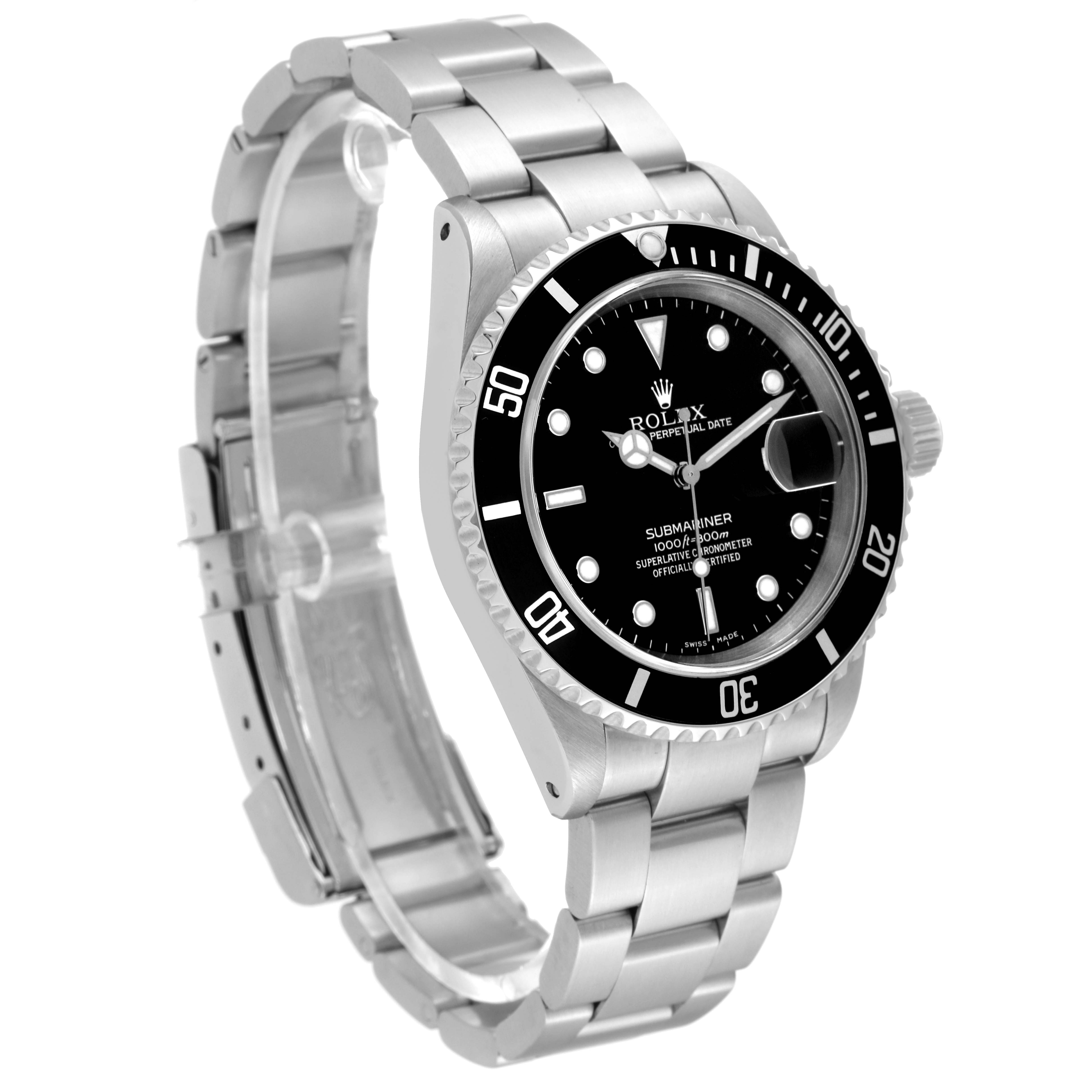 The image shows a side angle of the Rolex Submariner 16610 Men
s Stainless Steel Black Dial 16610 Men
s Stainless Steel Black Dial watch, highlighting its black dial, bezel, and silver bracelet.