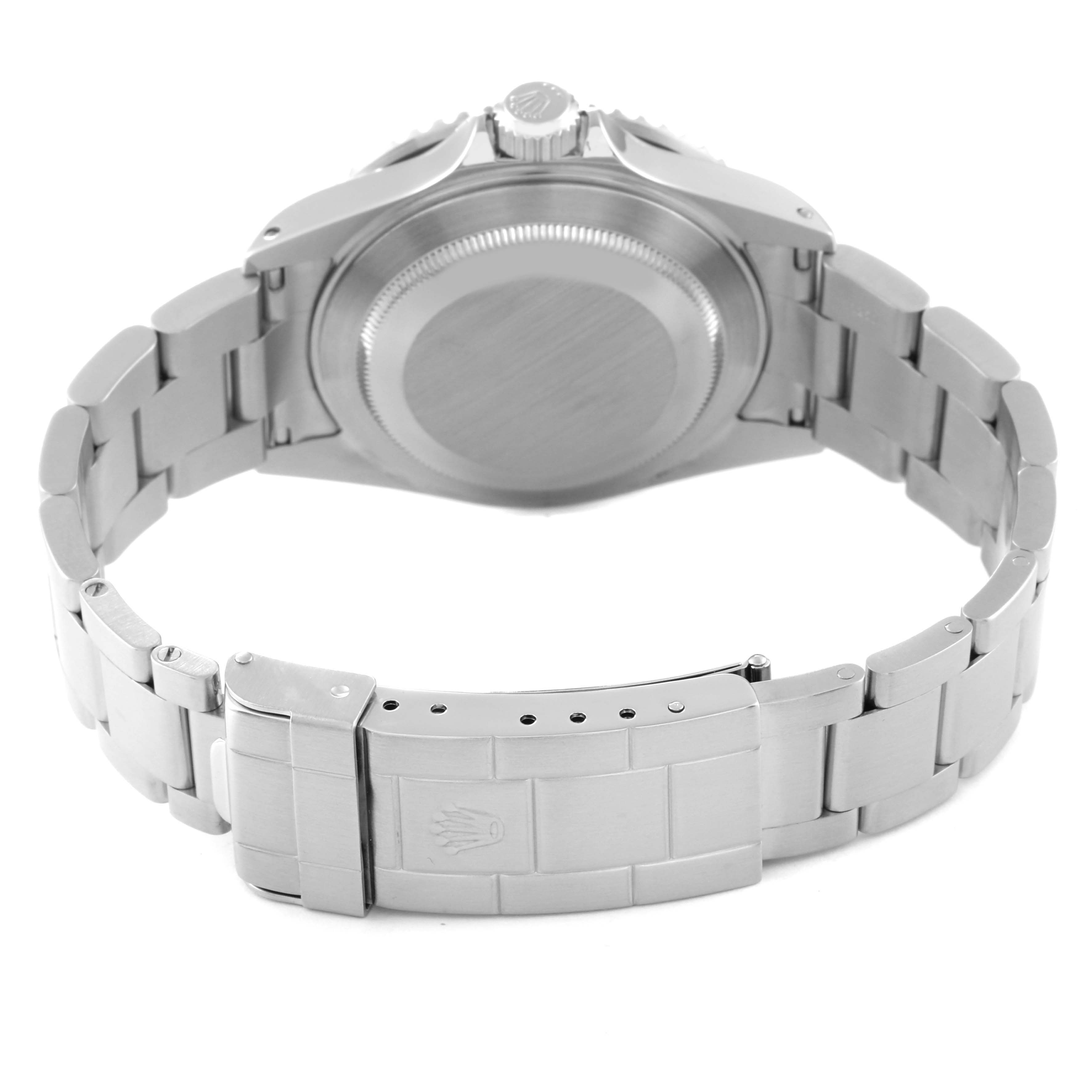 This image shows the back view of a Rolex Submariner 16610 Men
s Stainless Steel Black Dial 16610 Men
s Stainless Steel Black Dial watch, focusing on the case back, bracelet, and clasp.