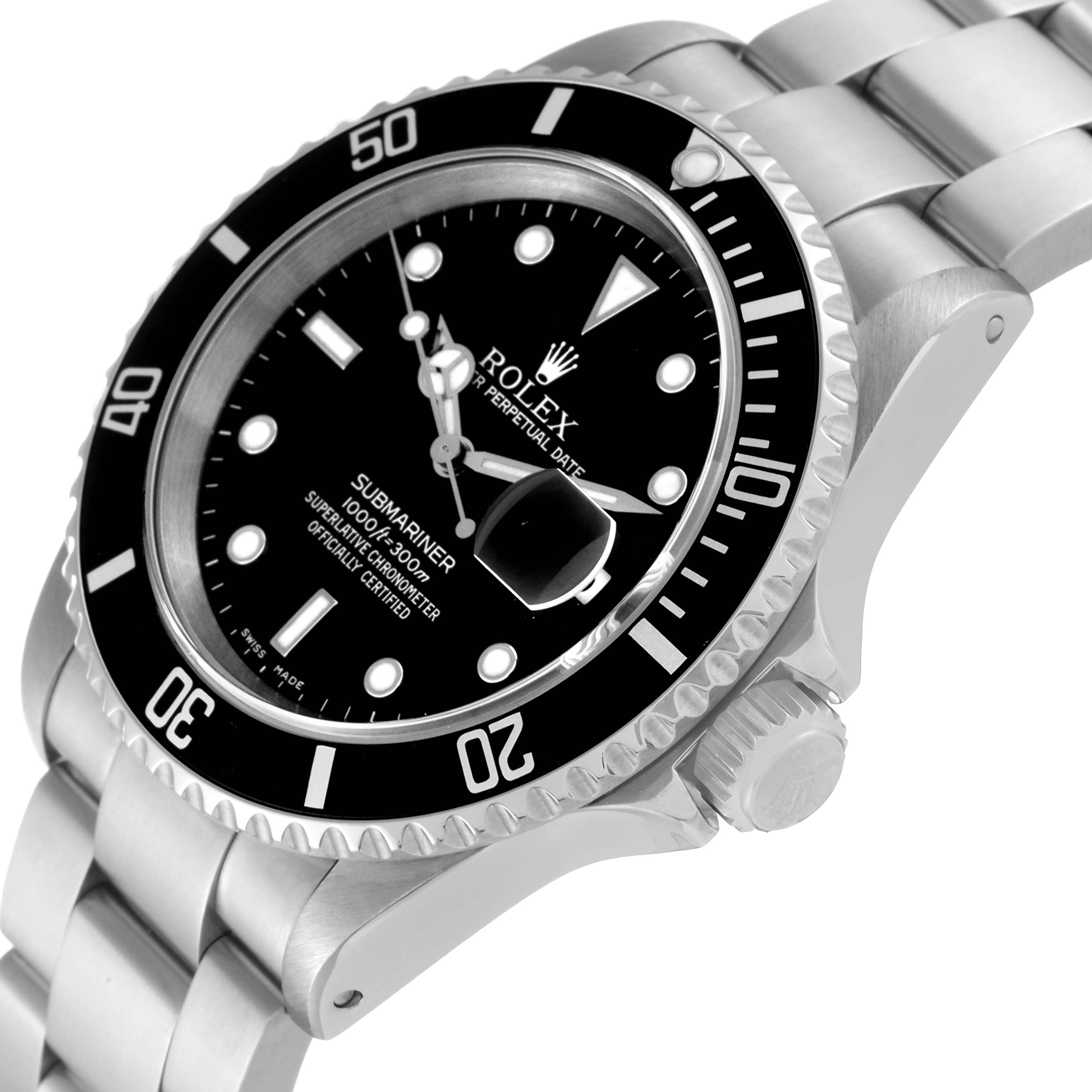 This image shows a close-up angle of the Rolex Submariner 16610 Men
s Stainless Steel Black Dial 16610 Men
s Stainless Steel Black Dial watch, highlighting the bezel, dial, and a portion of the bracelet.