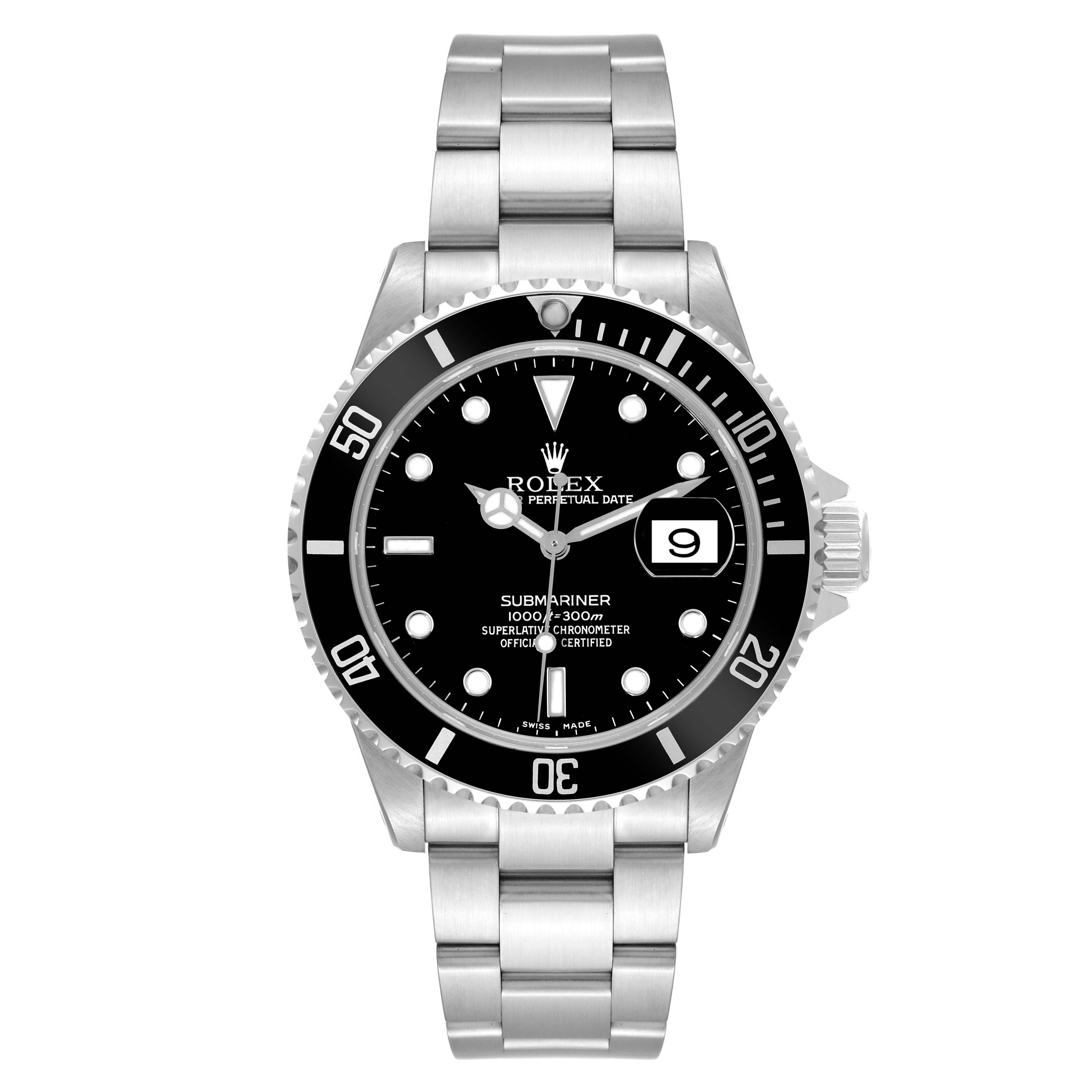 This image shows the front view of a Rolex Submariner 16610 Men
s Stainless Steel Black Dial 16610 Men
s Stainless Steel Black Dial watch, displaying its dial, bezel, bracelet, and crown.