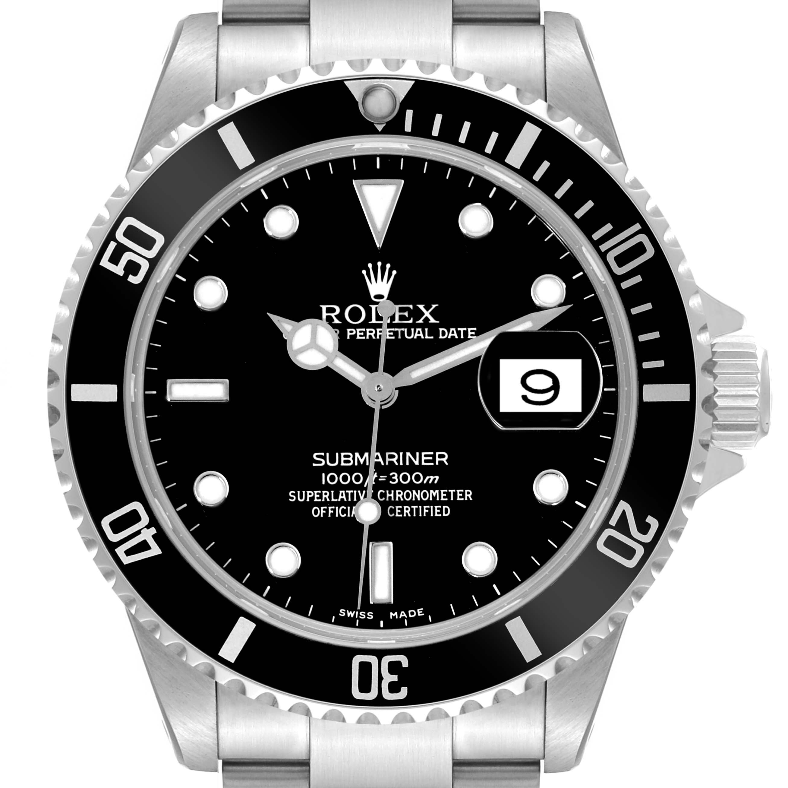 A front-facing view of the Rolex Submariner 16610 Men
s Stainless Steel Black Dial 16610 Men
s Stainless Steel Black Dial watch showing the dial, bezel, crown, and part of the bracelet.