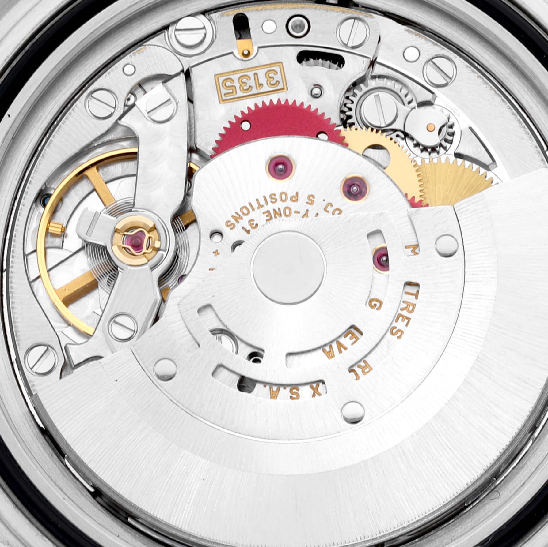 This image shows a close-up view of the internal movement mechanism of a Rolex Submariner 16610 Men
s Stainless Steel Black Dial 16610 Men
s Stainless Steel Black Dial watch.