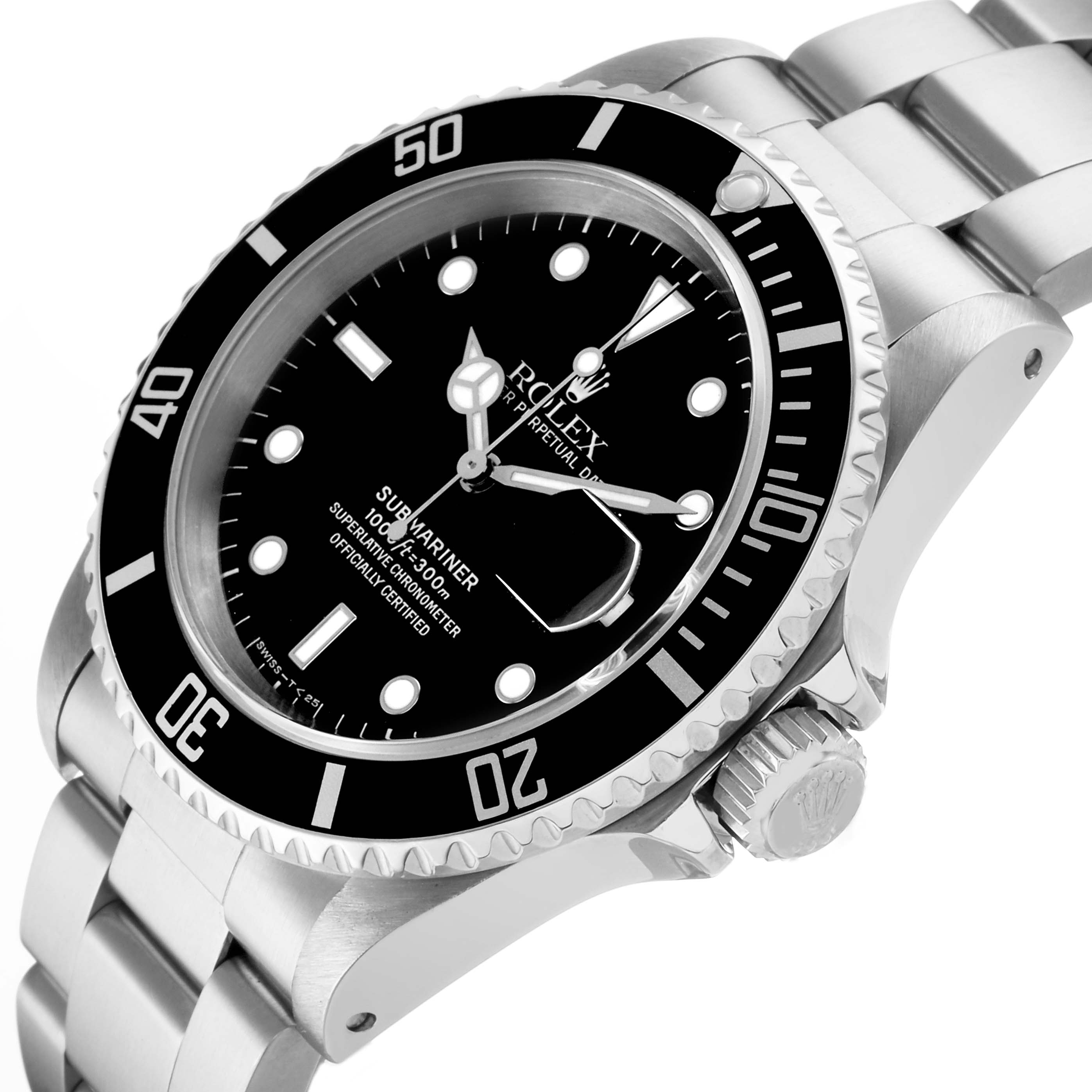 The Rolex Submariner 16610 Men's Stainless Steel Black Dial watch is shown at an angled side view, displaying its dial, bezel, crown, and bracelet.