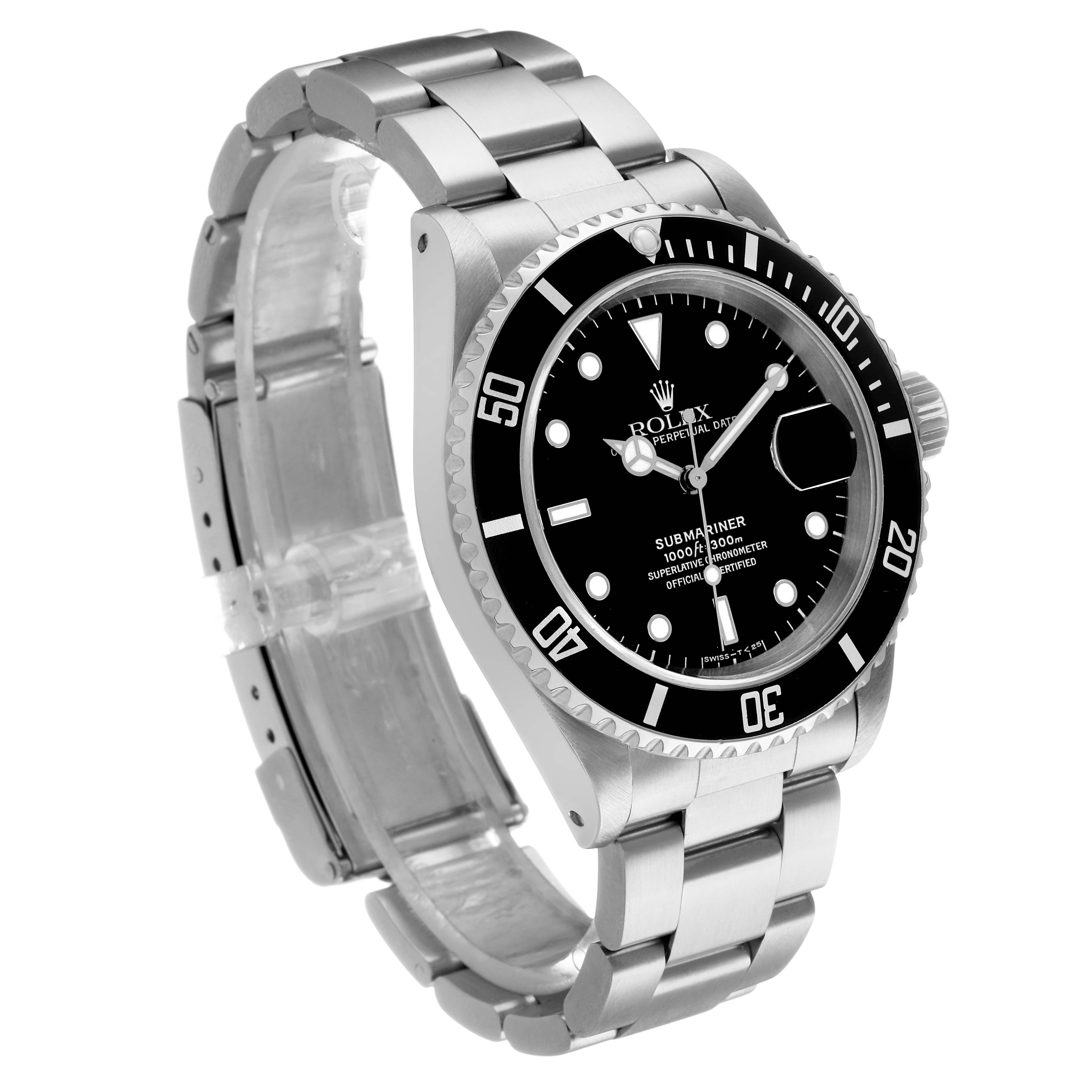 The Rolex Submariner 16610 Men's Stainless Steel Black Dial watch is shown at a three-quarter angle, highlighting its face, bezel, and stainless steel bracelet.