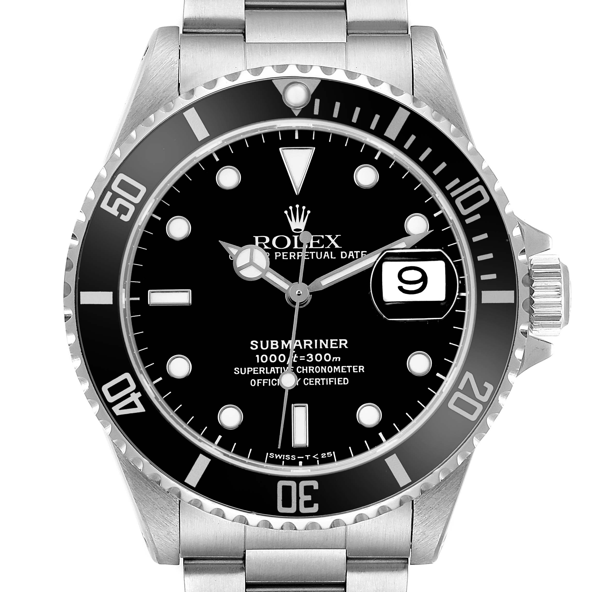 The Rolex Submariner 16610 Men's Stainless Steel Black Dial watch is shown from the front, highlighting the dial, bezel, case, and part of the bracelet.