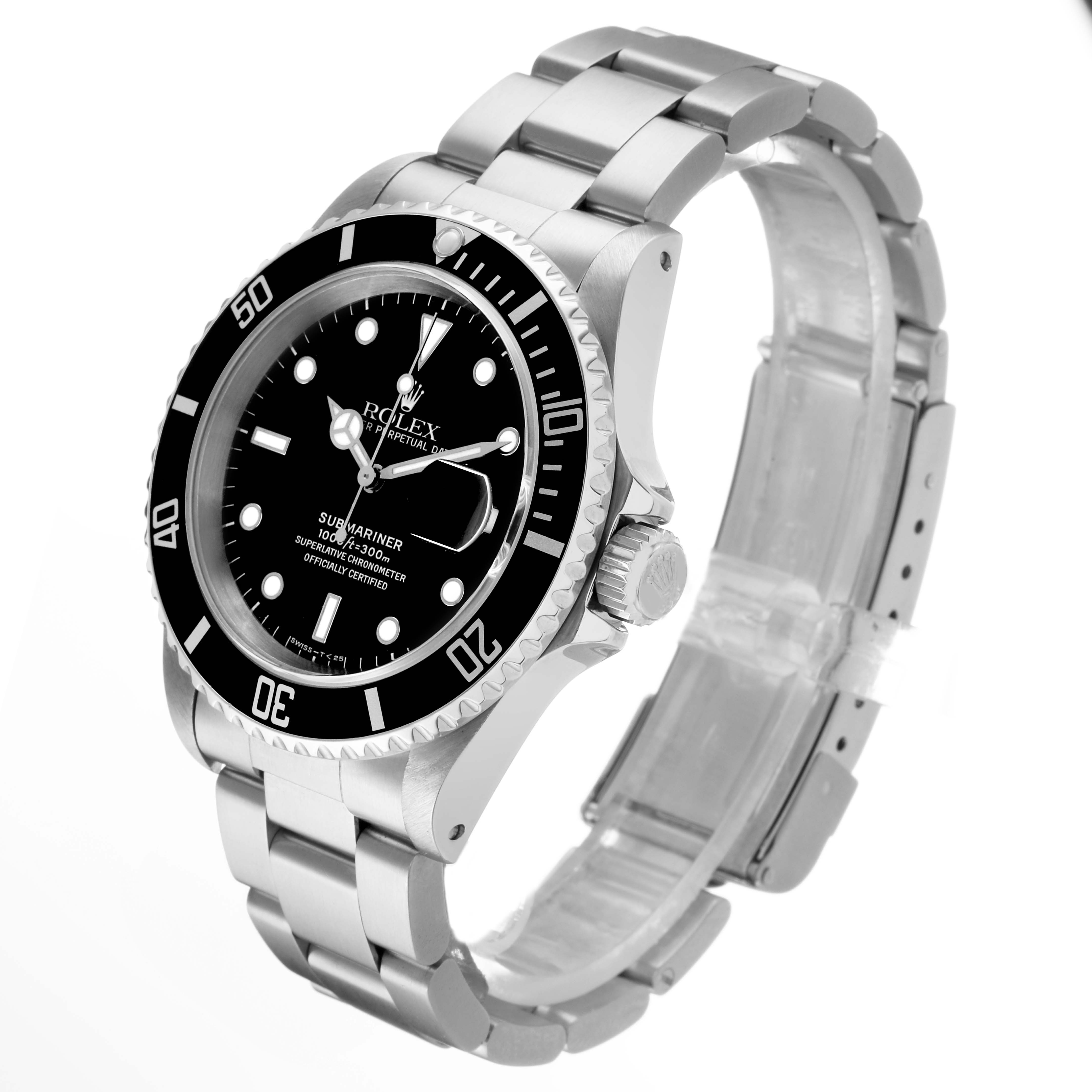 The Rolex Submariner 16610 Men's Stainless Steel Black Dial watch is shown from an upper angle, highlighting the bezel, dial, case, and bracelet.