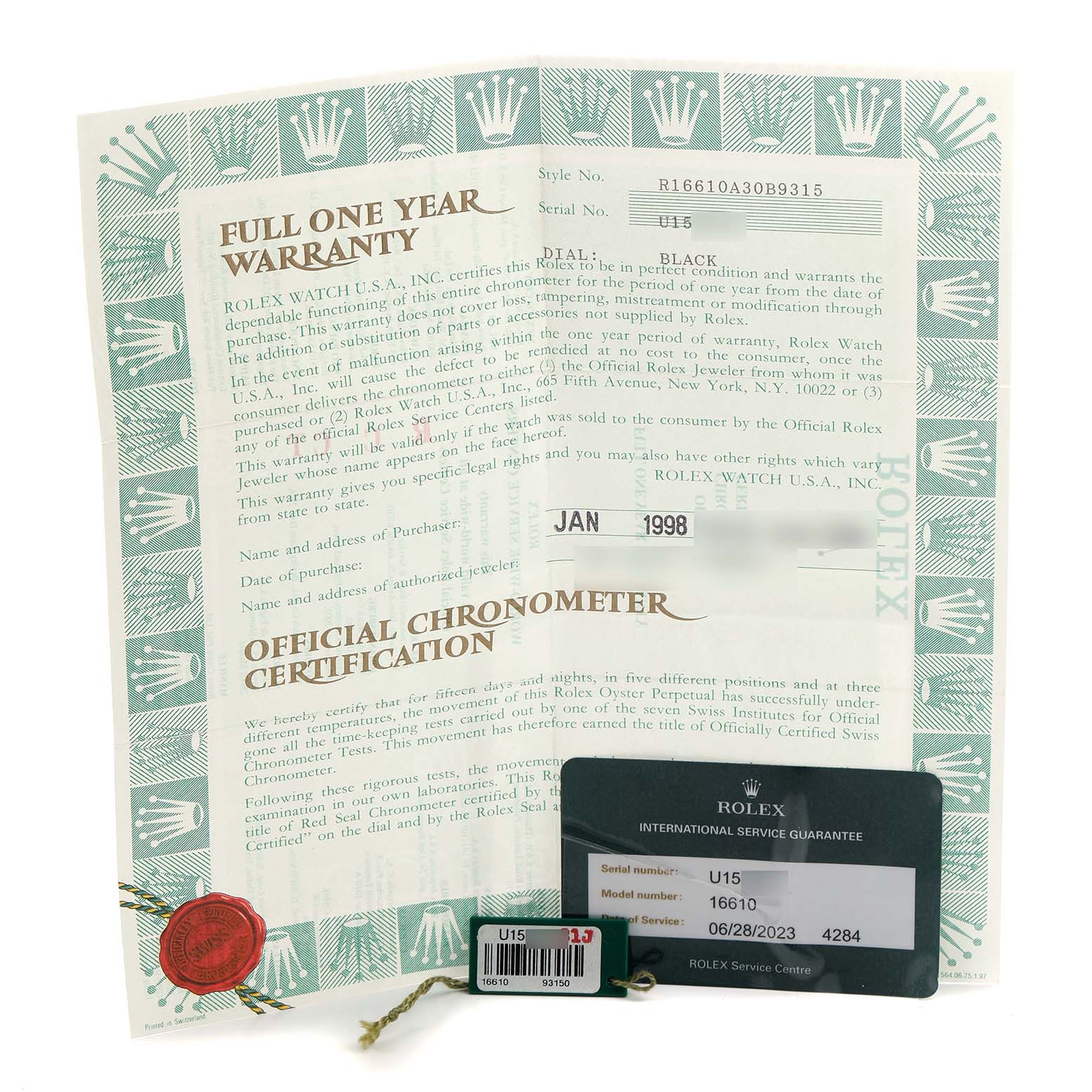 The image shows the warranty and certification papers for a Rolex Submariner 16610 Men's Stainless Steel Black Dial, including tags with serial and model numbers.