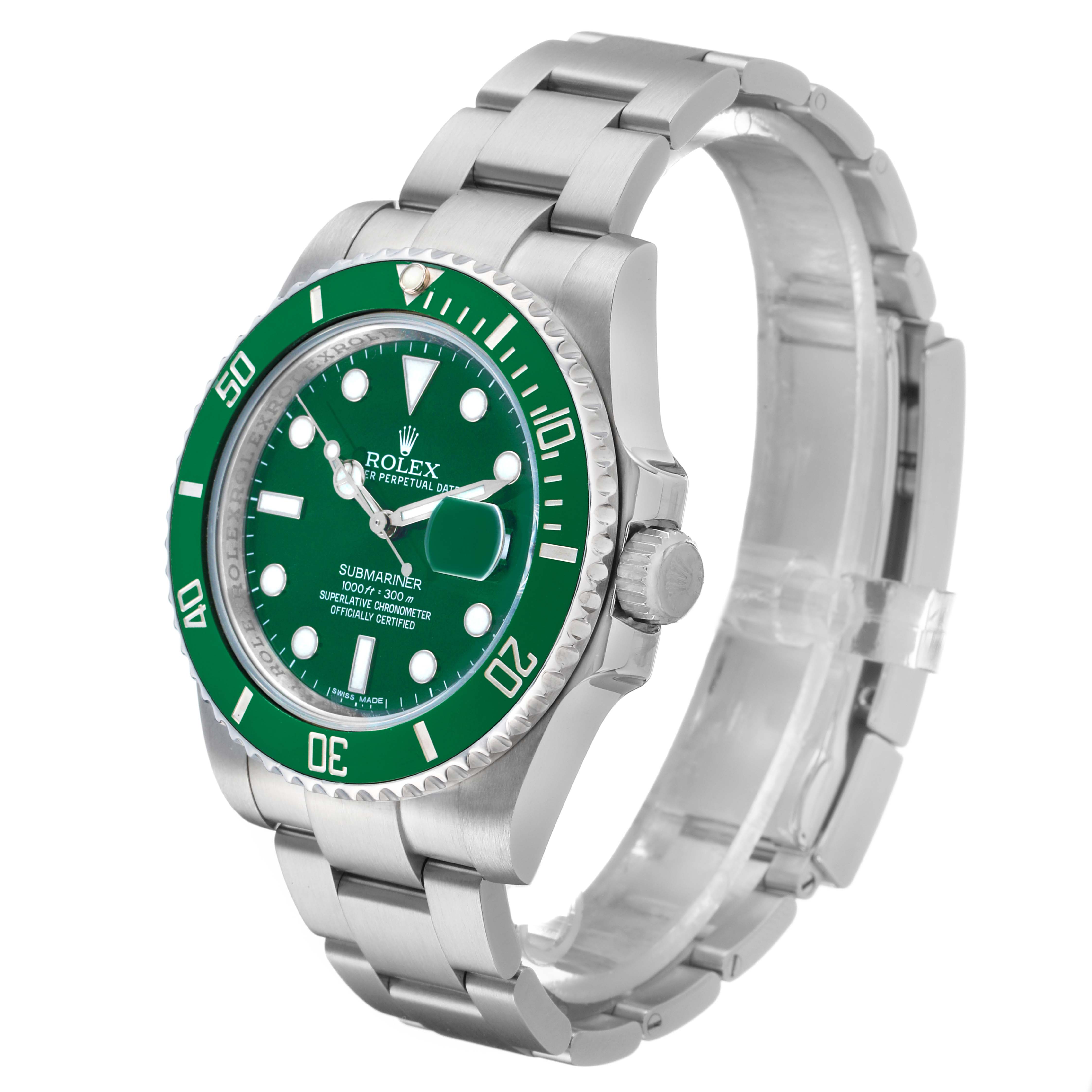 The Rolex Submariner 116610LV Men's Stainless Steel Green Dial watch is shown at a three-quarter angle, displaying the green dial, bezel, and stainless steel bracelet.