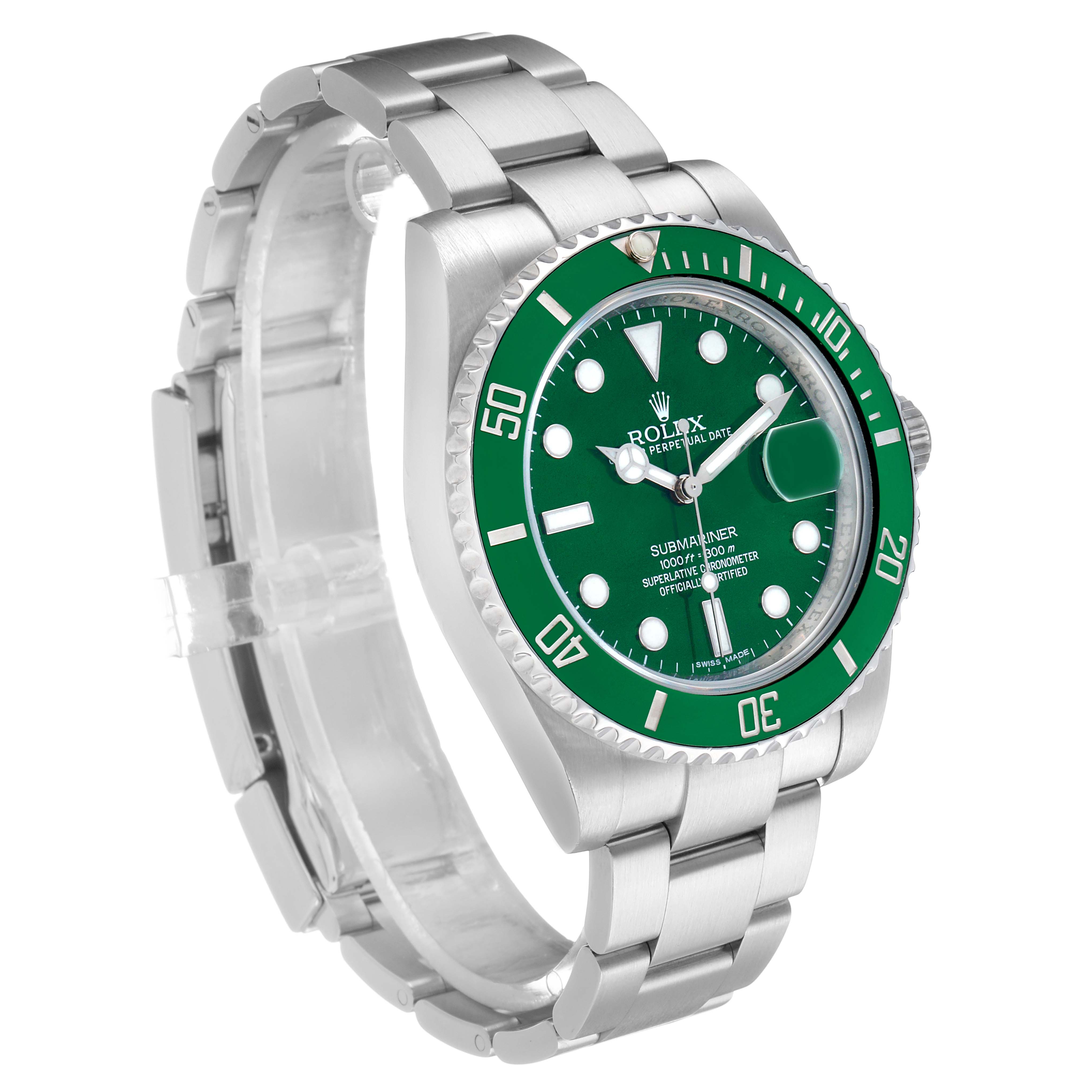This Rolex Submariner 116610LV Men's Stainless Steel Green Dial watch is shown at a slight diagonal angle, highlighting the green bezel, dial, and metal bracelet.