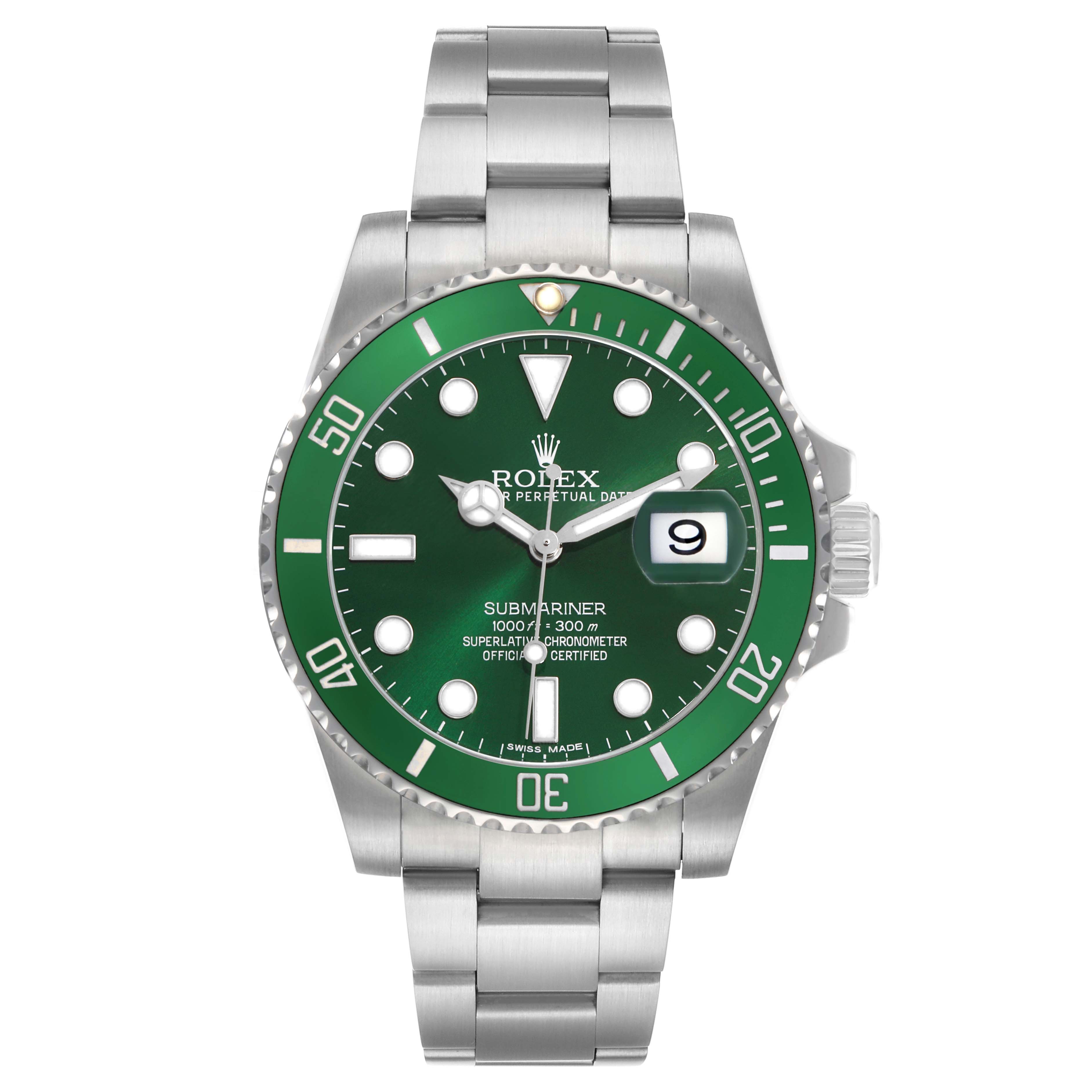 The Rolex Submariner 116610LV Men's Stainless Steel Green Dial is shown from the front, displaying its green dial, bezel, and stainless steel bracelet.