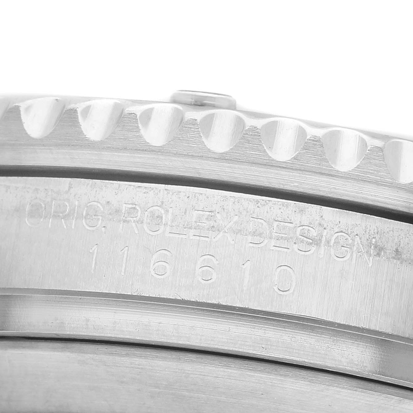 The image shows a close-up side view of the Rolex Submariner 116610LV Men's Stainless Steel Green Dial model's case, highlighting the bezel and engraved model number "116610."