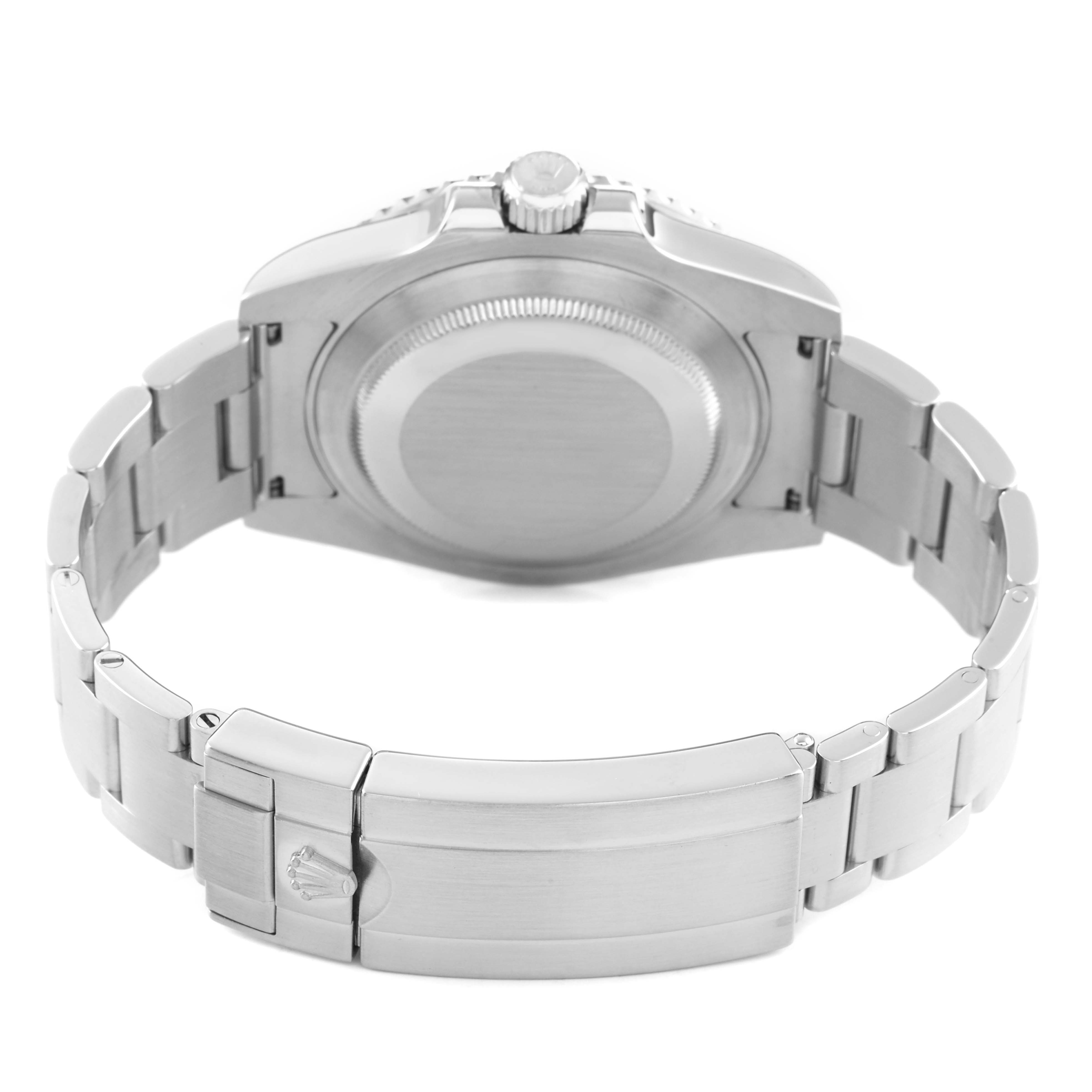 The image shows the back view of a Rolex Submariner 116610LV Men's Stainless Steel Green Dial, featuring the case back, bracelet, and clasp.