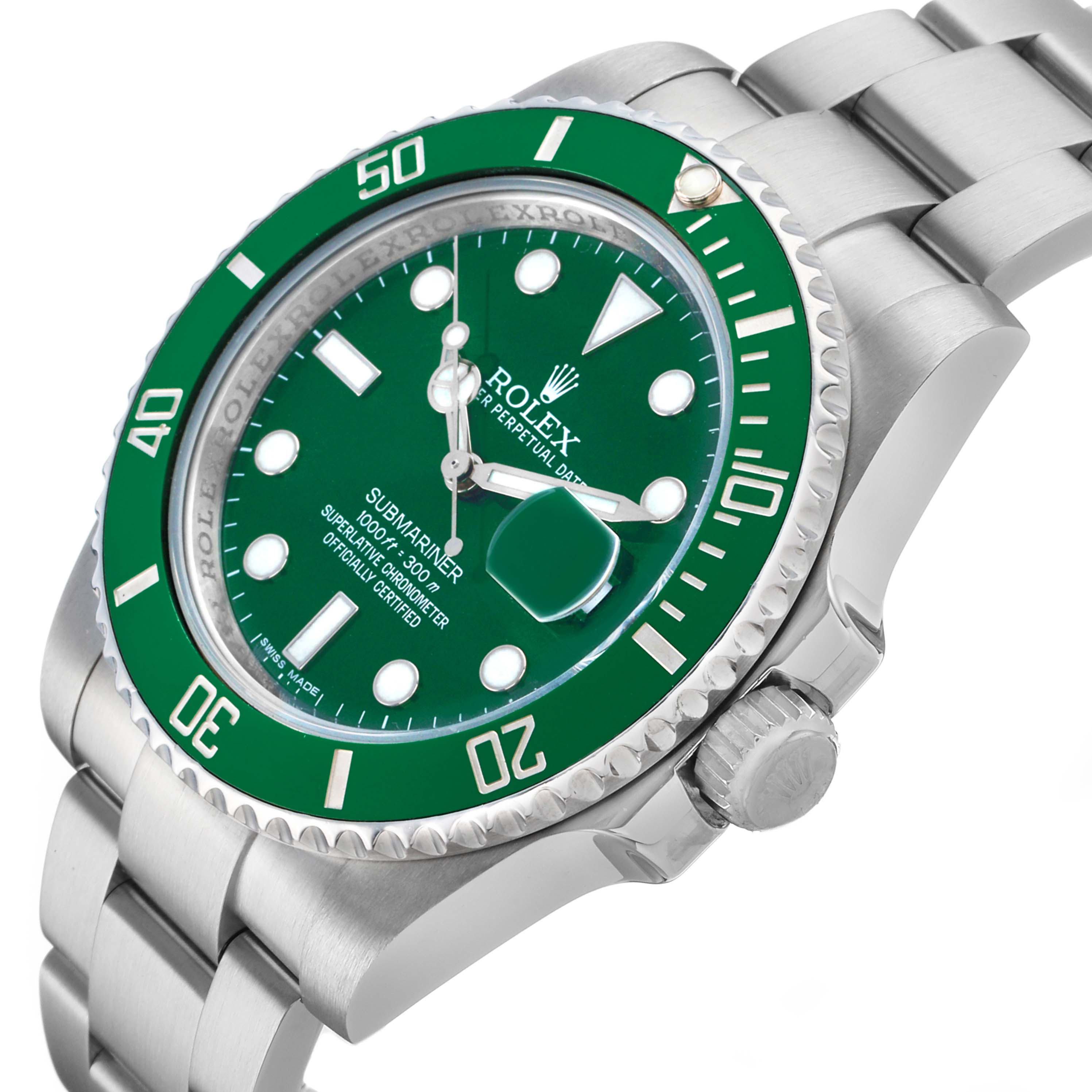 The image shows a Rolex Submariner 116610LV Men's Stainless Steel Green Dial at a side angle, highlighting the green bezel, dial, bracelet, and crown.