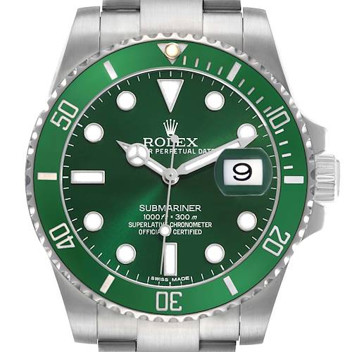 The Rolex Submariner 116610LV Men's Stainless Steel Green Dial watch is shown from the front, highlighting the green dial, bezel, and date magnification.