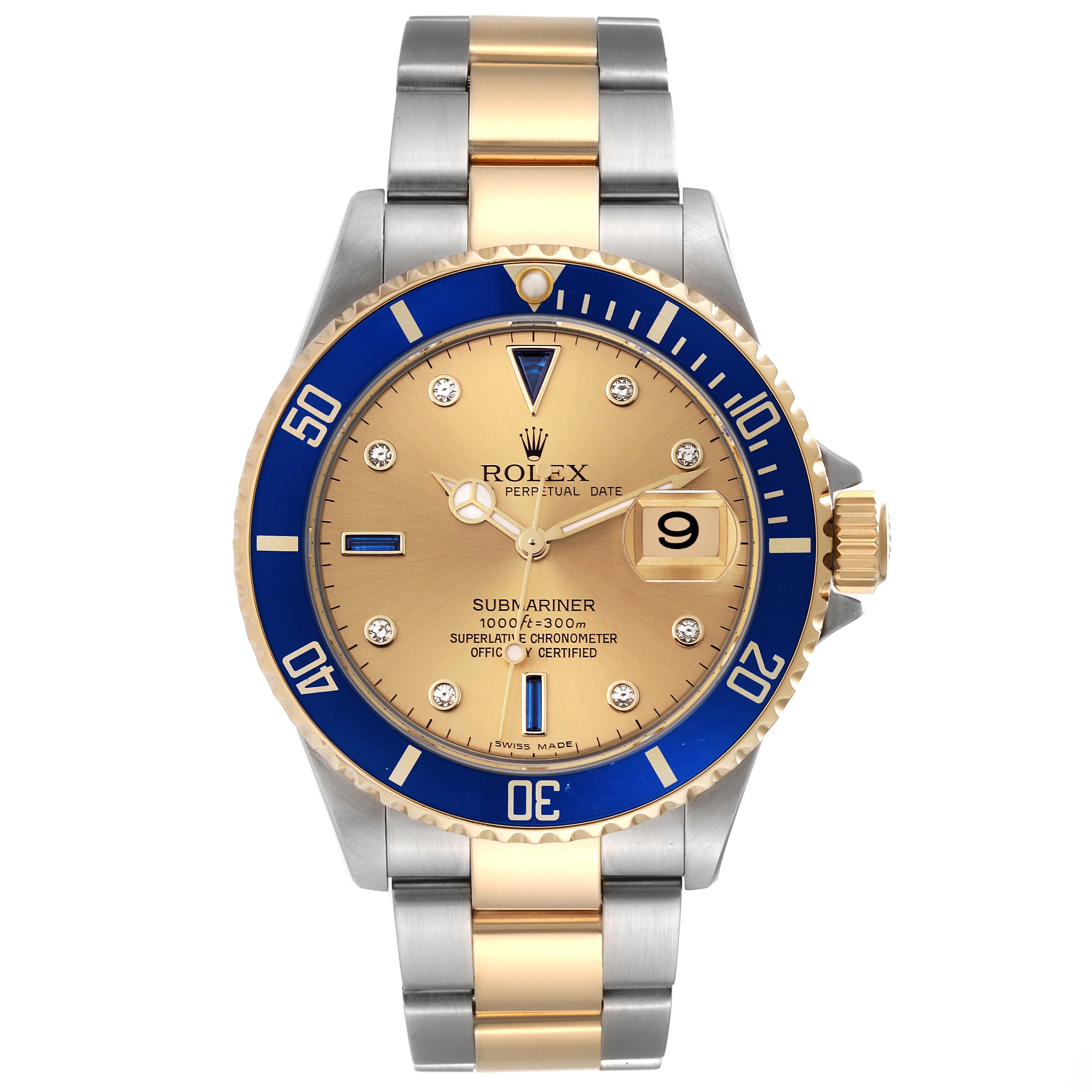The Rolex Submariner 16613 Men's Steel and Gold (two tone) Champagne Dial 16613 Men's Steel and Gold (two tone) Champagne Dial is shown from a straight-on angle, highlighting its face, bezel, and bracelet.