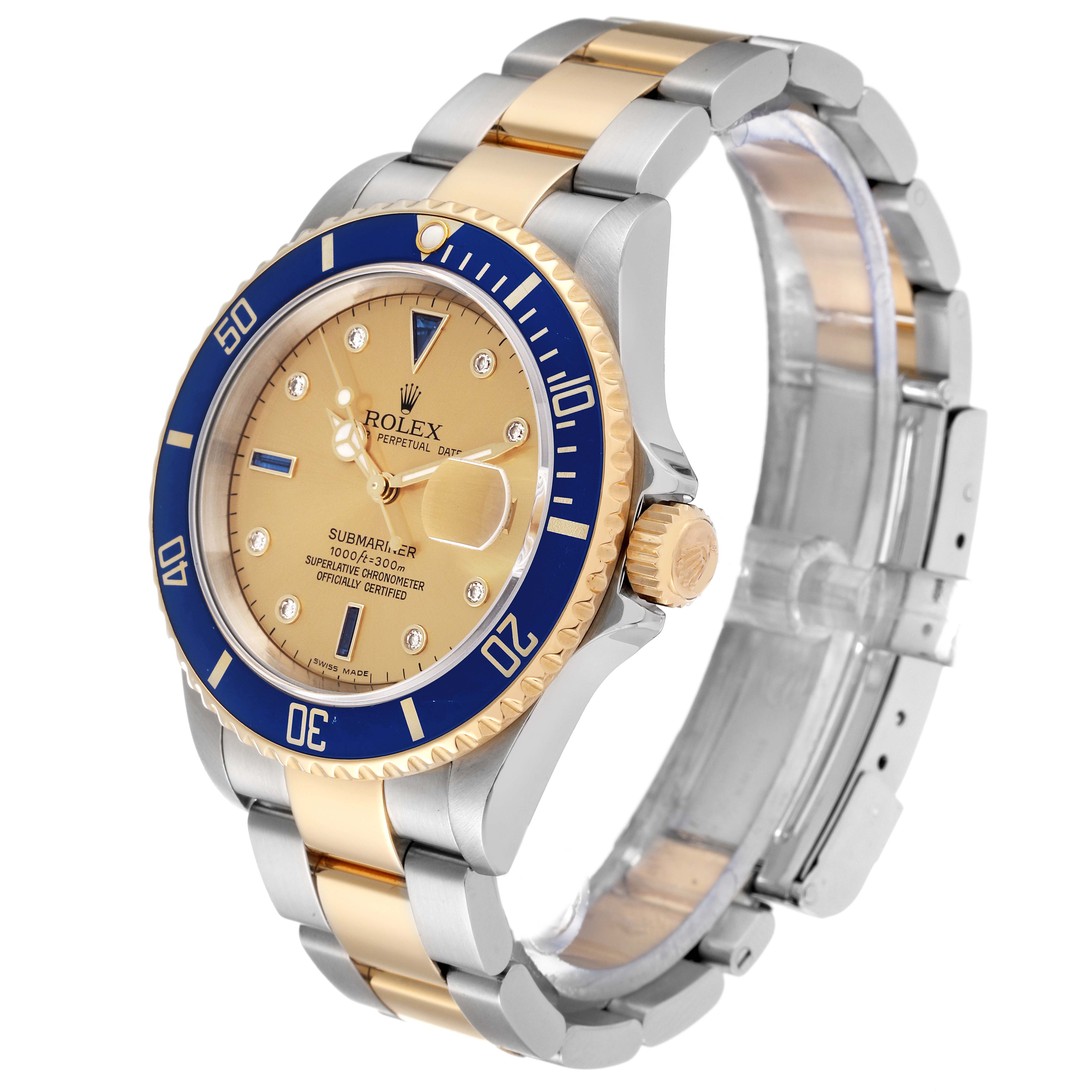 This image shows a side and front angle of the Rolex Submariner 16613 Men's Steel and Gold (two tone) Champagne Dial 16613 Men's Steel and Gold (two tone) Champagne Dial watch, highlighting the dial, bezel, and bracelet.
