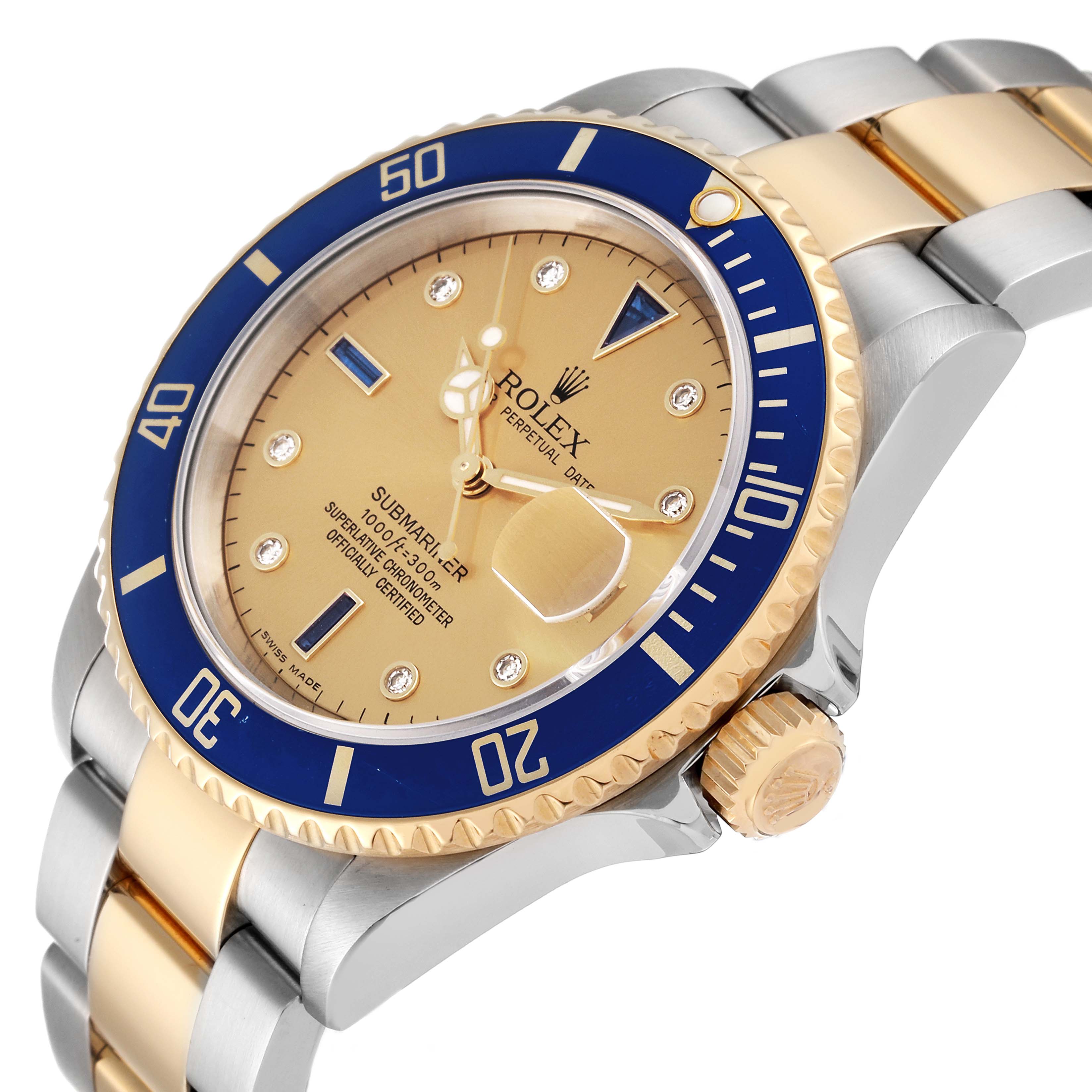 This image shows a Rolex Submariner 16613 Men's Steel and Gold (two tone) Champagne Dial 16613 Men's Steel and Gold (two tone) Champagne Dial watch at a three-quarter angle, highlighting the bezel, crown, dial, and bracelet.