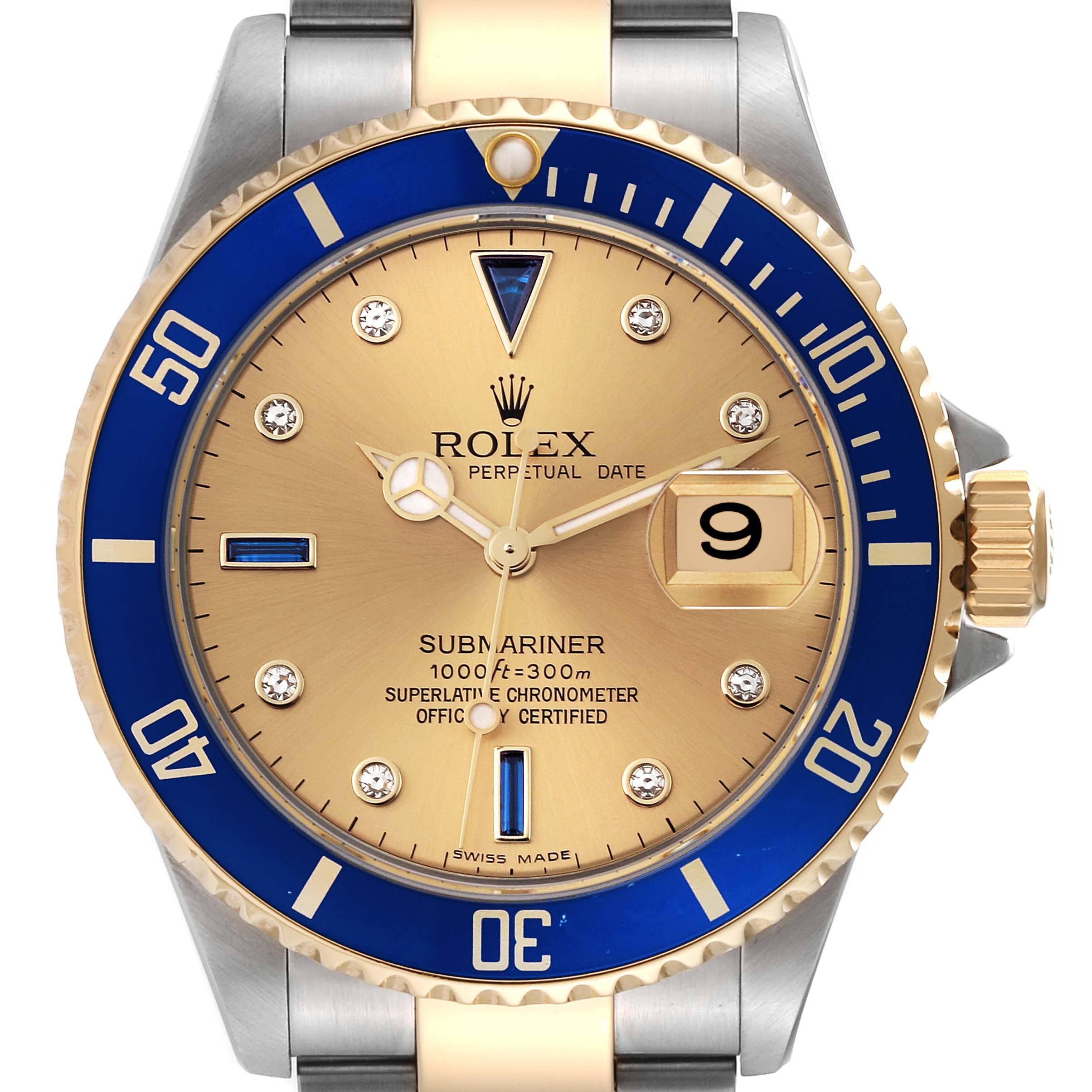 This image shows a Rolex Submariner 16613 Men's Steel and Gold (two tone) Champagne Dial 16613 Men's Steel and Gold (two tone) Champagne Dial watch from a front angle, highlighting its dial, bezel, date window, and part of the bracelet.
