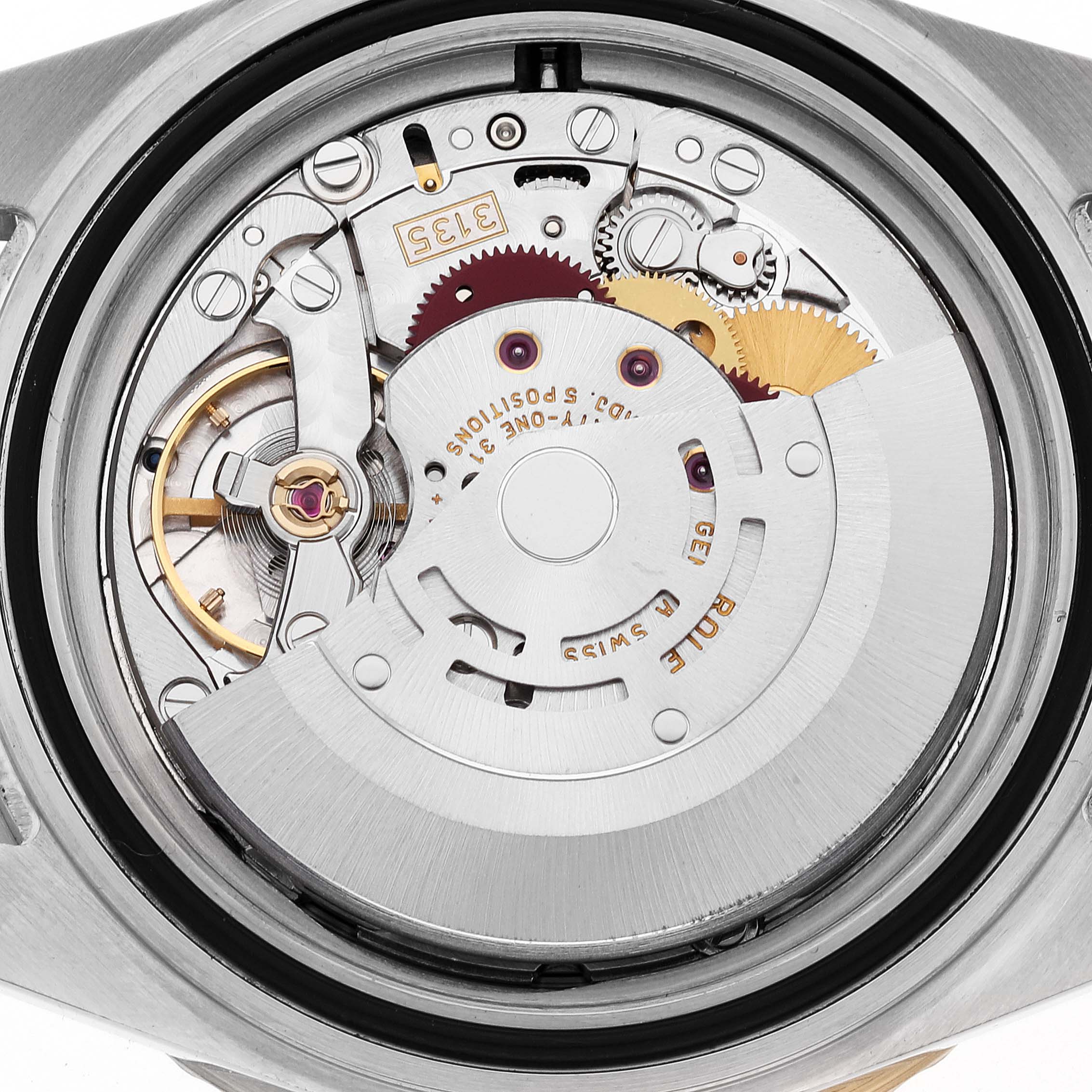 The image shows a close-up of the inner mechanical movement of a Rolex Submariner 16613 Men's Steel and Gold (two tone) Champagne Dial 16613 Men's Steel and Gold (two tone) Champagne Dial watch, highlighting gears, screws, and the rotor.
