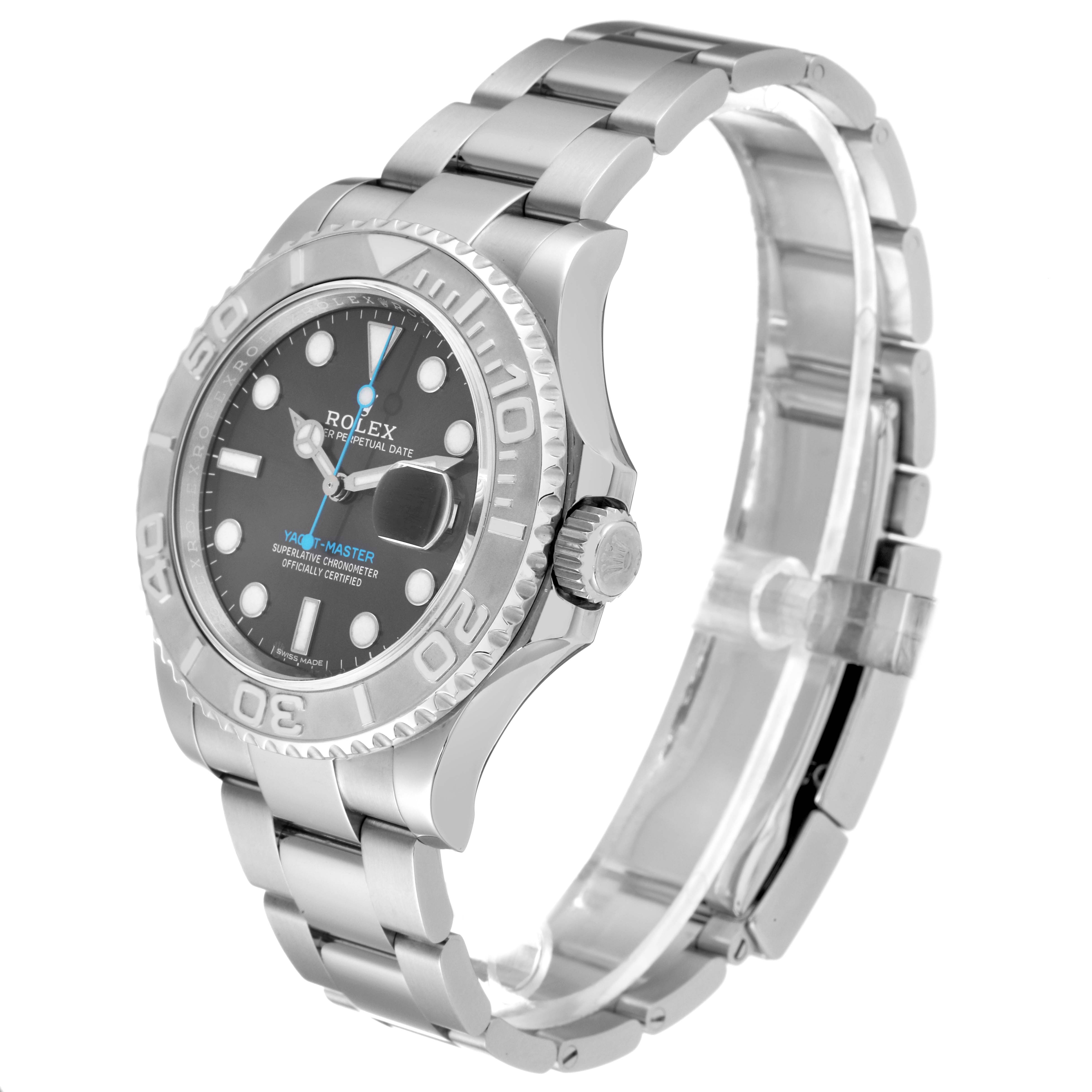 This Rolex Yacht-Master 116622 Men
s Stainless Steel Grey Dial 116622 Men
s Stainless Steel Grey Dial watch is shown from a side-angle, displaying the dial, bezel, bracelet, and crown in detail.