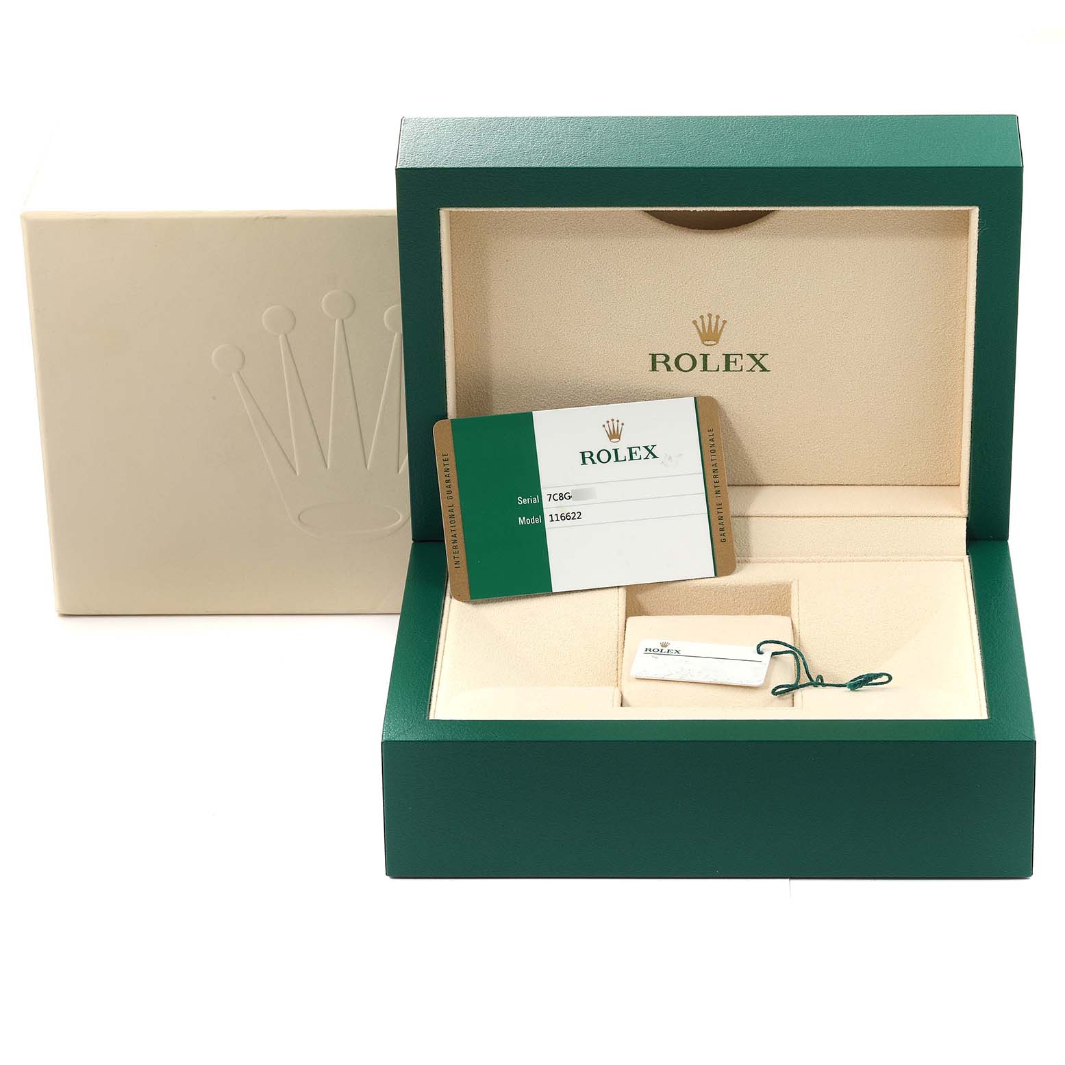 The image displays the accessories for a Rolex Yacht-Master 116622 Men
s Stainless Steel Grey Dial 116622 Men
s Stainless Steel Grey Dial, including the box, card, and tag, but not the watch itself.
