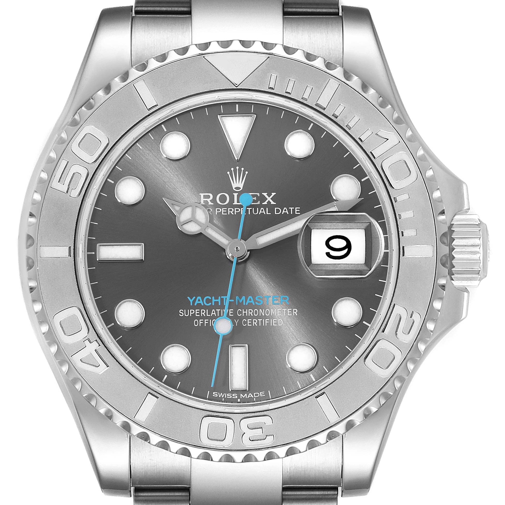 This image shows a front view of the Rolex Yacht-Master 116622 Men
s Stainless Steel Grey Dial 116622 Men
s Stainless Steel Grey Dial watch, highlighting the dial, bezel, crown, and parts of the bracelet.