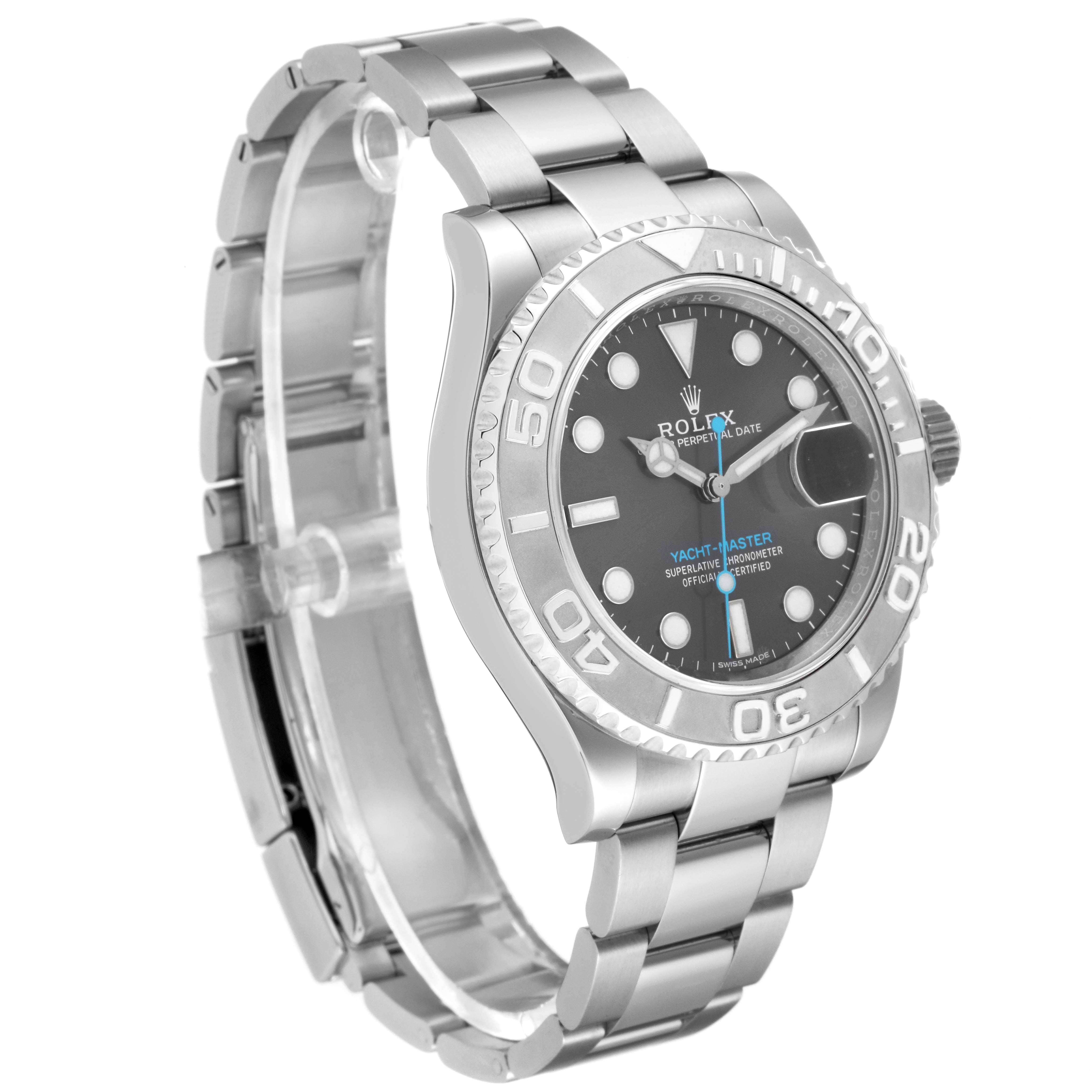 The image shows a side-angle view of the Rolex Yacht-Master 116622 Men
s Stainless Steel Grey Dial 116622 Men
s Stainless Steel Grey Dial watch, highlighting its face, bezel, and stainless steel bracelet.