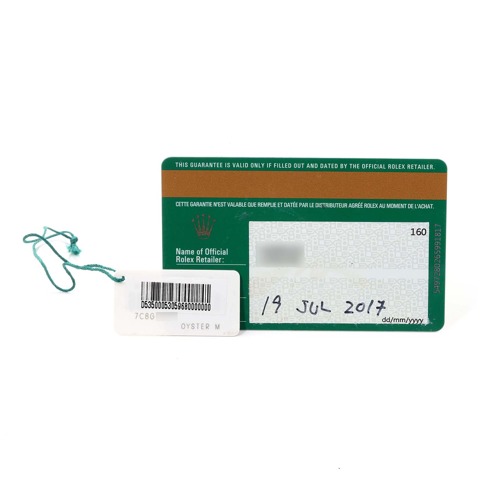 The image depicts a guarantee card and a hang tag for a Rolex Yacht-Master 116622 Men
s Stainless Steel Grey Dial 116622 Men
s Stainless Steel Grey Dial watch.