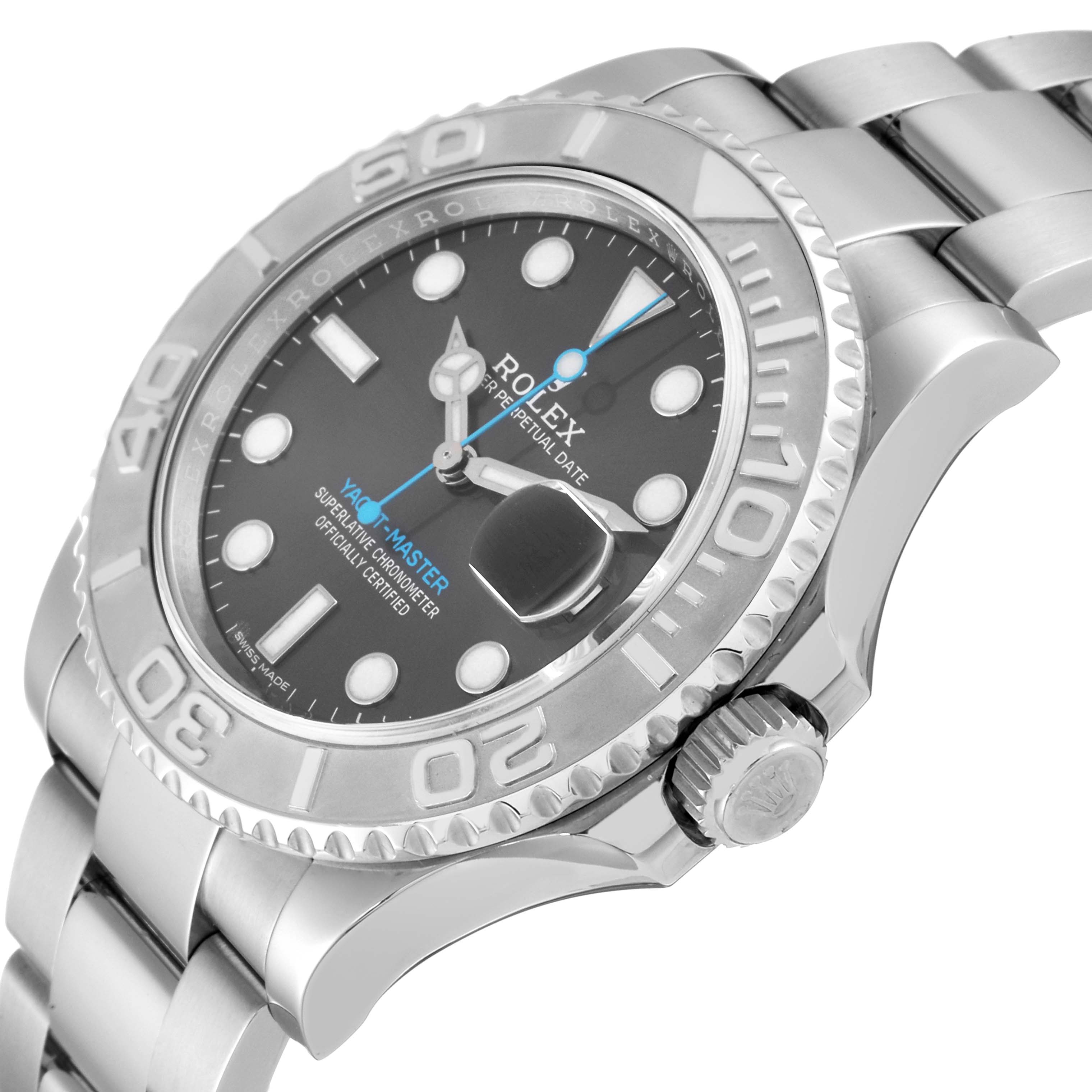 This image shows a Rolex Yacht-Master 116622 Men
s Stainless Steel Grey Dial 116622 Men
s Stainless Steel Grey Dial watch at an angle prominently displaying the face, bezel, and bracelet.