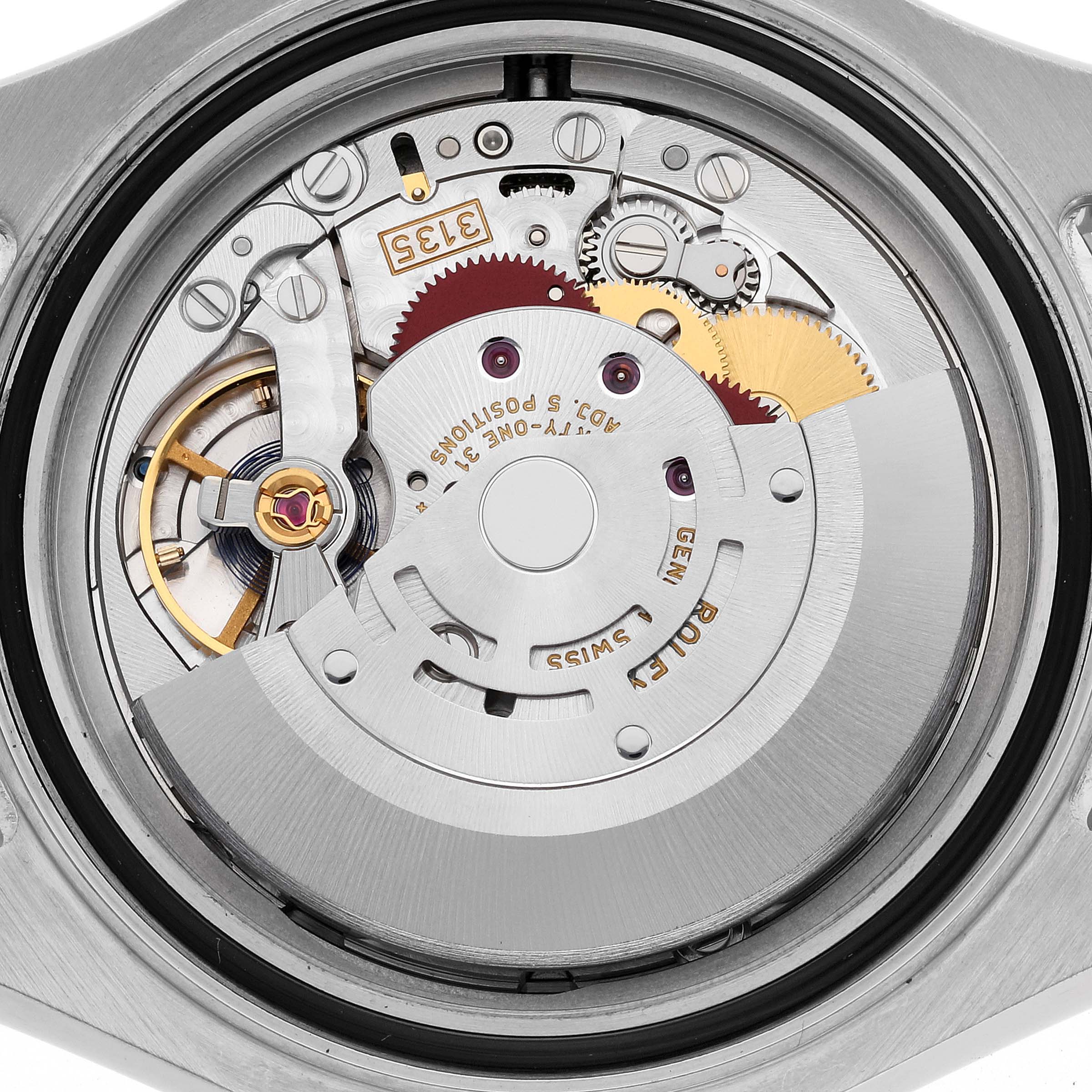 The image shows a close-up view of the movement mechanism inside a Rolex Yacht-Master 116622 Men
s Stainless Steel Grey Dial 116622 Men
s Stainless Steel Grey Dial watch.