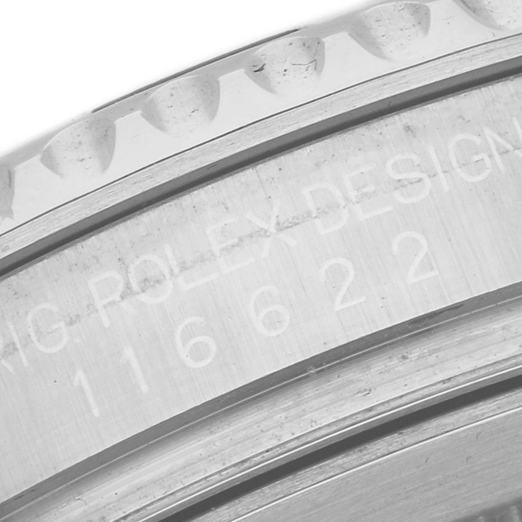 This image shows a close-up of the bezel and serial engraving on the side of a Rolex Yacht-Master 116622 Men
s Stainless Steel Grey Dial 116622 Men
s Stainless Steel Grey Dial watch.