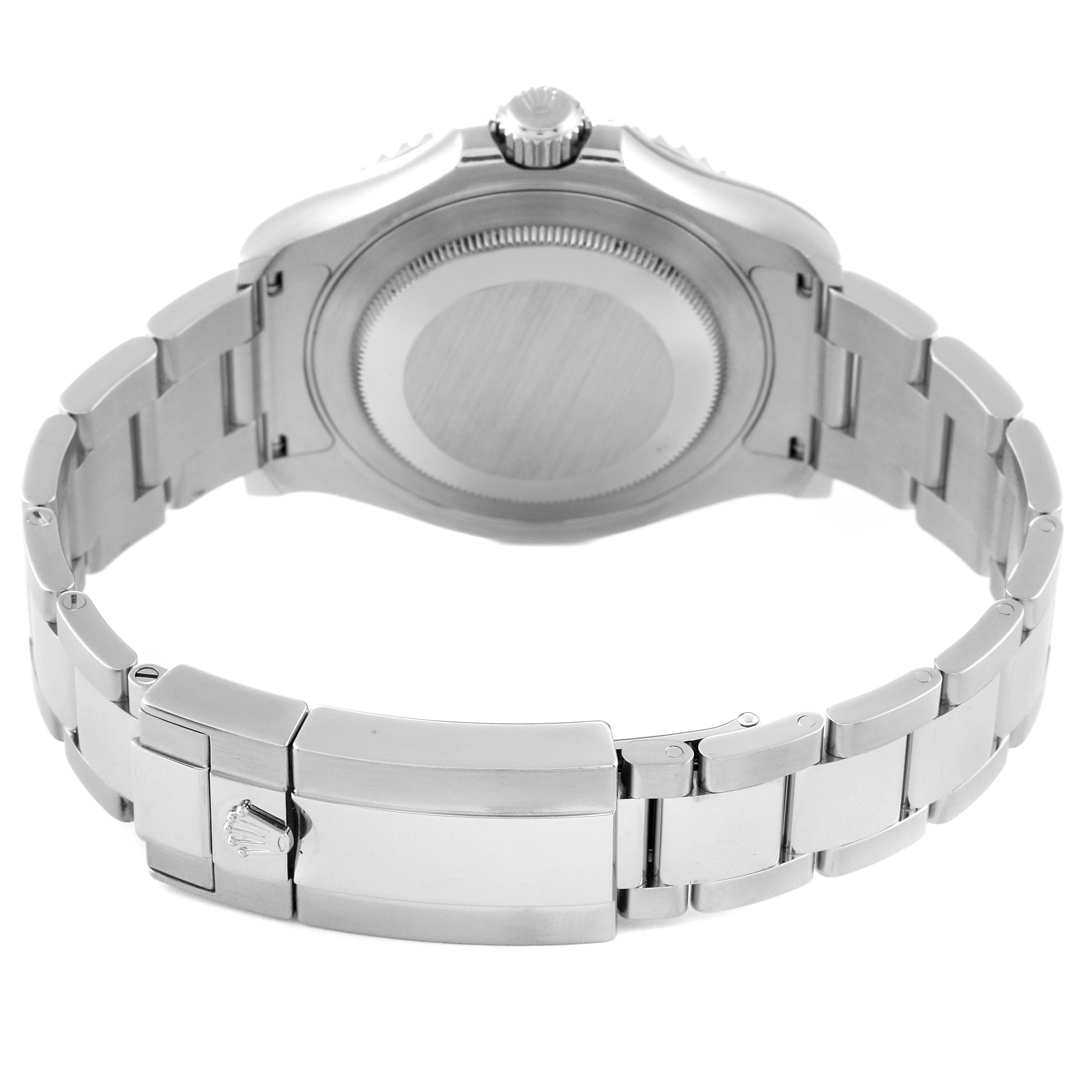 This image shows the back and bracelet of a Rolex Yacht-Master 116622 Men
s Stainless Steel Grey Dial 116622 Men
s Stainless Steel Grey Dial watch, highlighting its clasp and case back.
