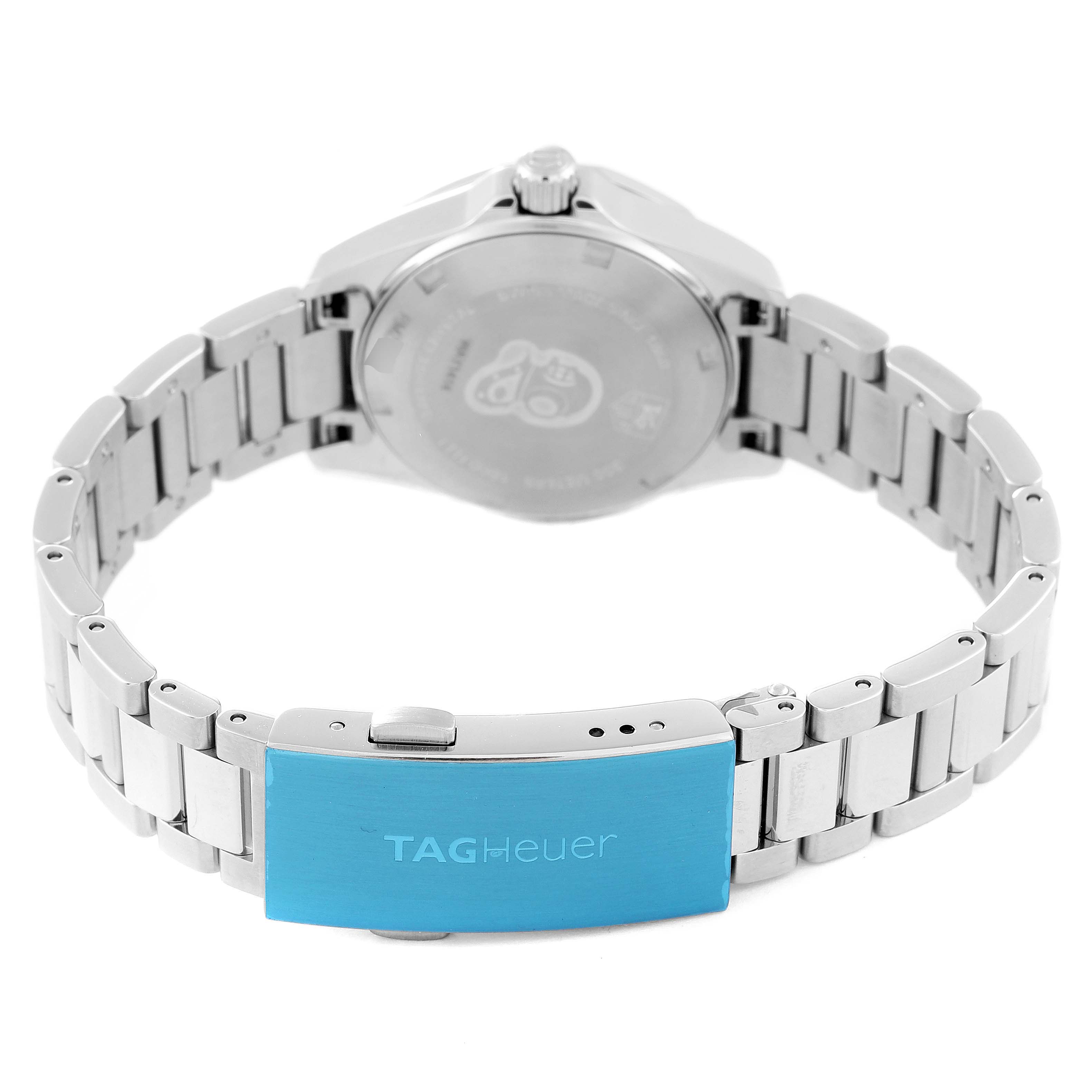 The image shows the back view of a Tag Heuer Aquaracer WAY1414.BA0920 Women's Stainless Steel Mother of Pearl Dial WAY1414.BA0920 Women's Stainless Steel Mother of Pearl Dial watch, focusing on the clasp and bracelet.
