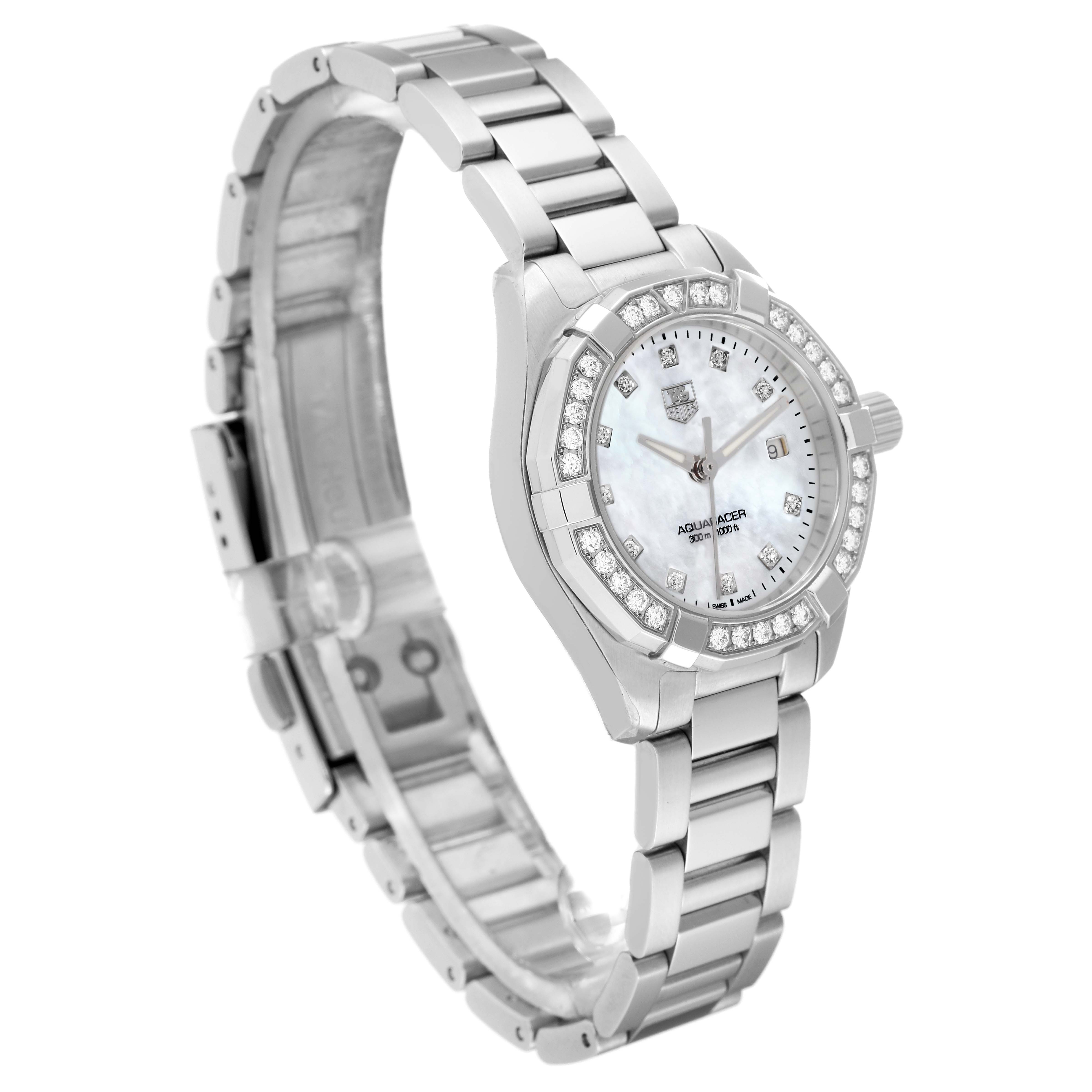 The image shows a side and front view of a silver Tag Heuer Aquaracer WAY1414.BA0920 Women's Stainless Steel Mother of Pearl Dial WAY1414.BA0920 Women's Stainless Steel Mother of Pearl Dial watch with a gemstone-encrusted bezel and metal bracelet.