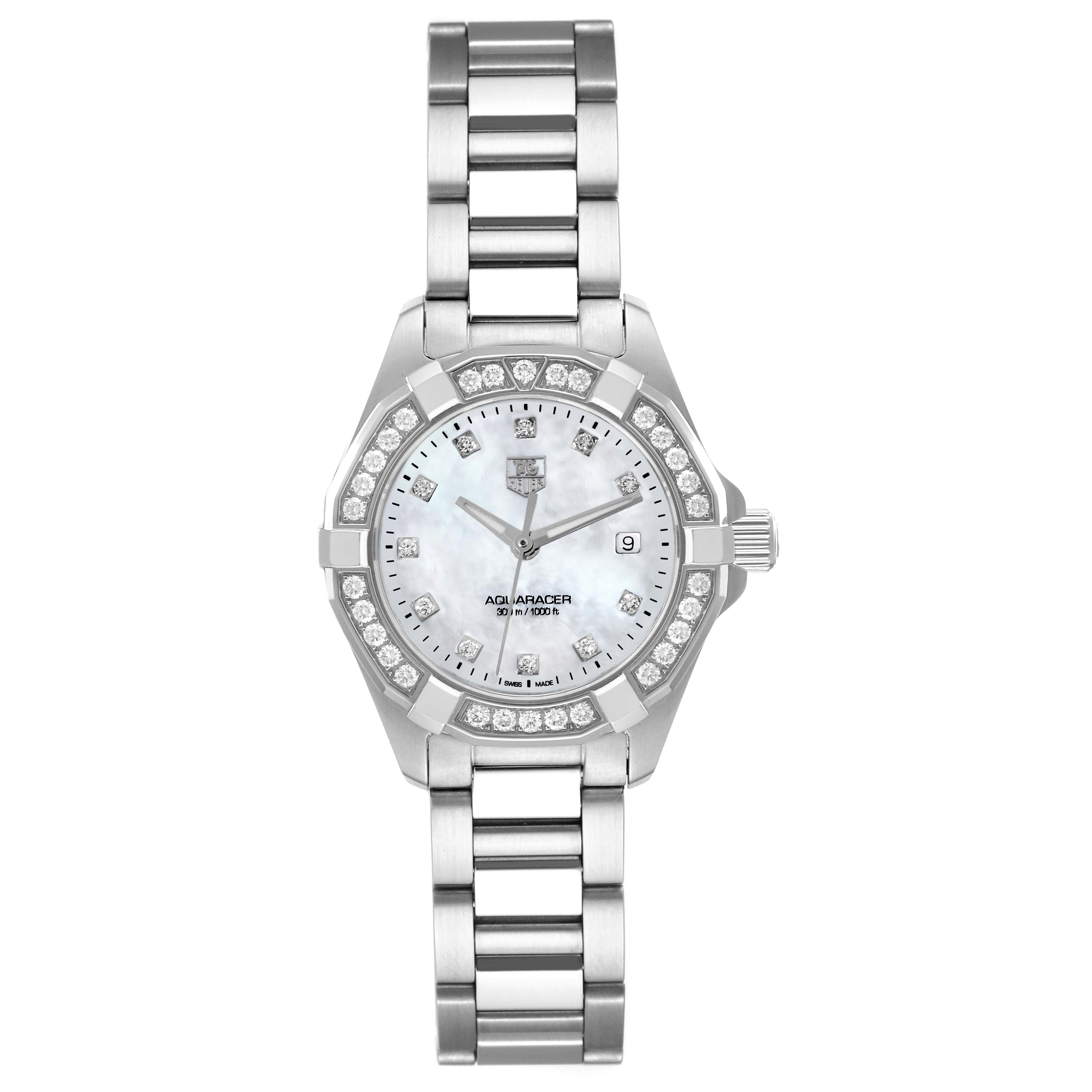 The image shows a front view of the Tag Heuer Aquaracer WAY1414.BA0920 Women's Stainless Steel Mother of Pearl Dial WAY1414.BA0920 Women's Stainless Steel Mother of Pearl Dial watch, highlighting its face, bezel, dial, and bracelet.