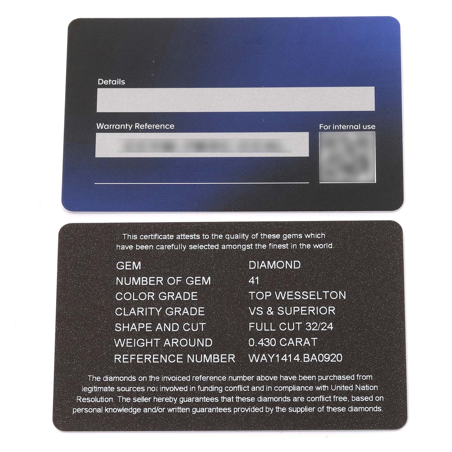 The image shows warranty and quality certificates for the Tag Heuer Aquaracer WAY1414.BA0920 Women's Stainless Steel Mother of Pearl Dial WAY1414.BA0920 Women's Stainless Steel Mother of Pearl Dial model, detailing gem specifications.