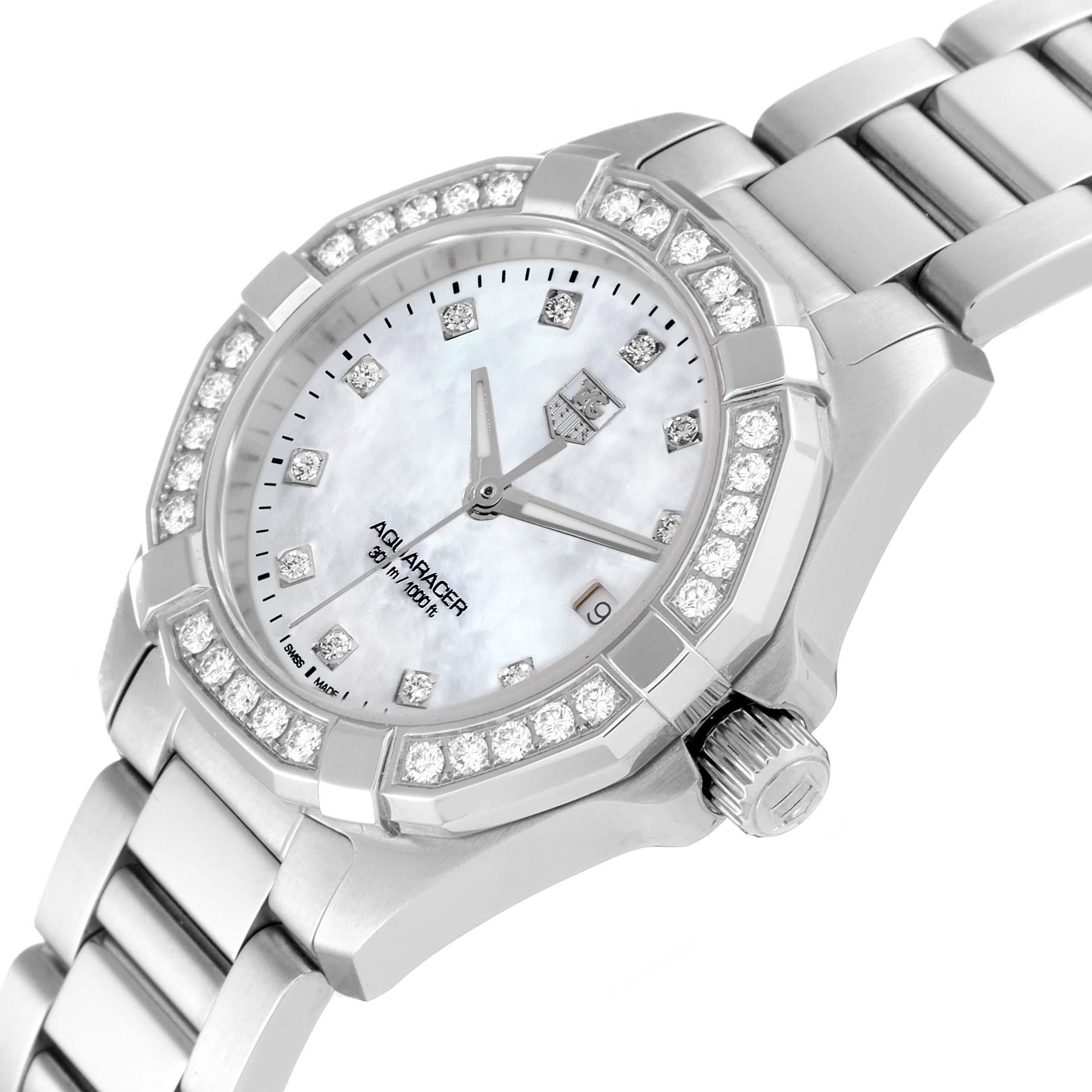 The image shows a Tag Heuer Aquaracer WAY1414.BA0920 Women's Stainless Steel Mother of Pearl Dial WAY1414.BA0920 Women's Stainless Steel Mother of Pearl Dial watch from an angled view, highlighting the face, bezel, crown, and bracelet.