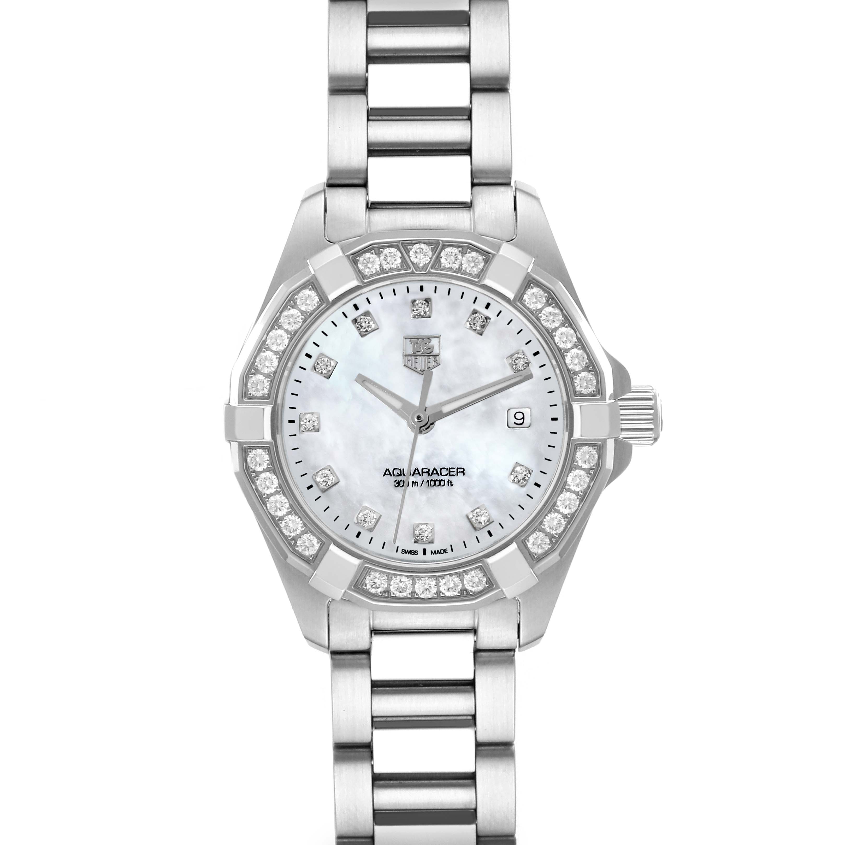Front view of the Tag Heuer Aquaracer WAY1414.BA0920 Women's Stainless Steel Mother of Pearl Dial WAY1414.BA0920 Women's Stainless Steel Mother of Pearl Dial watch showing the dial, bezel, hands, crown, and part of the bracelet.