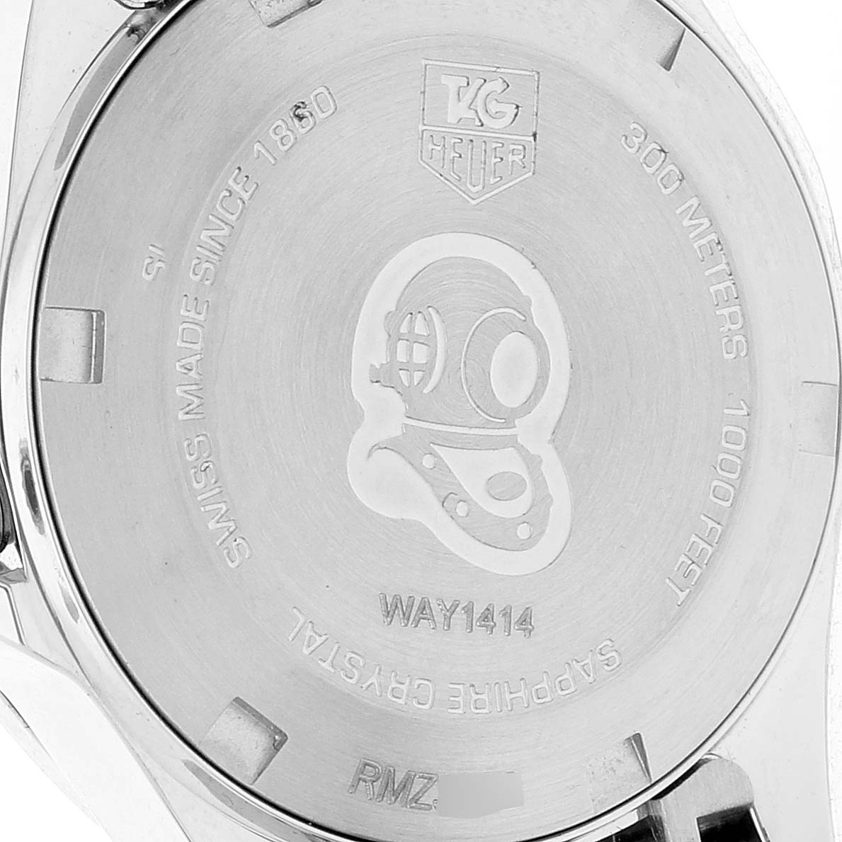 The image shows the engraved case back of a Tag Heuer Aquaracer WAY1414.BA0920 Women's Stainless Steel Mother of Pearl Dial WAY1414.BA0920 Women's Stainless Steel Mother of Pearl Dial watch, featuring brand markings and specifications.