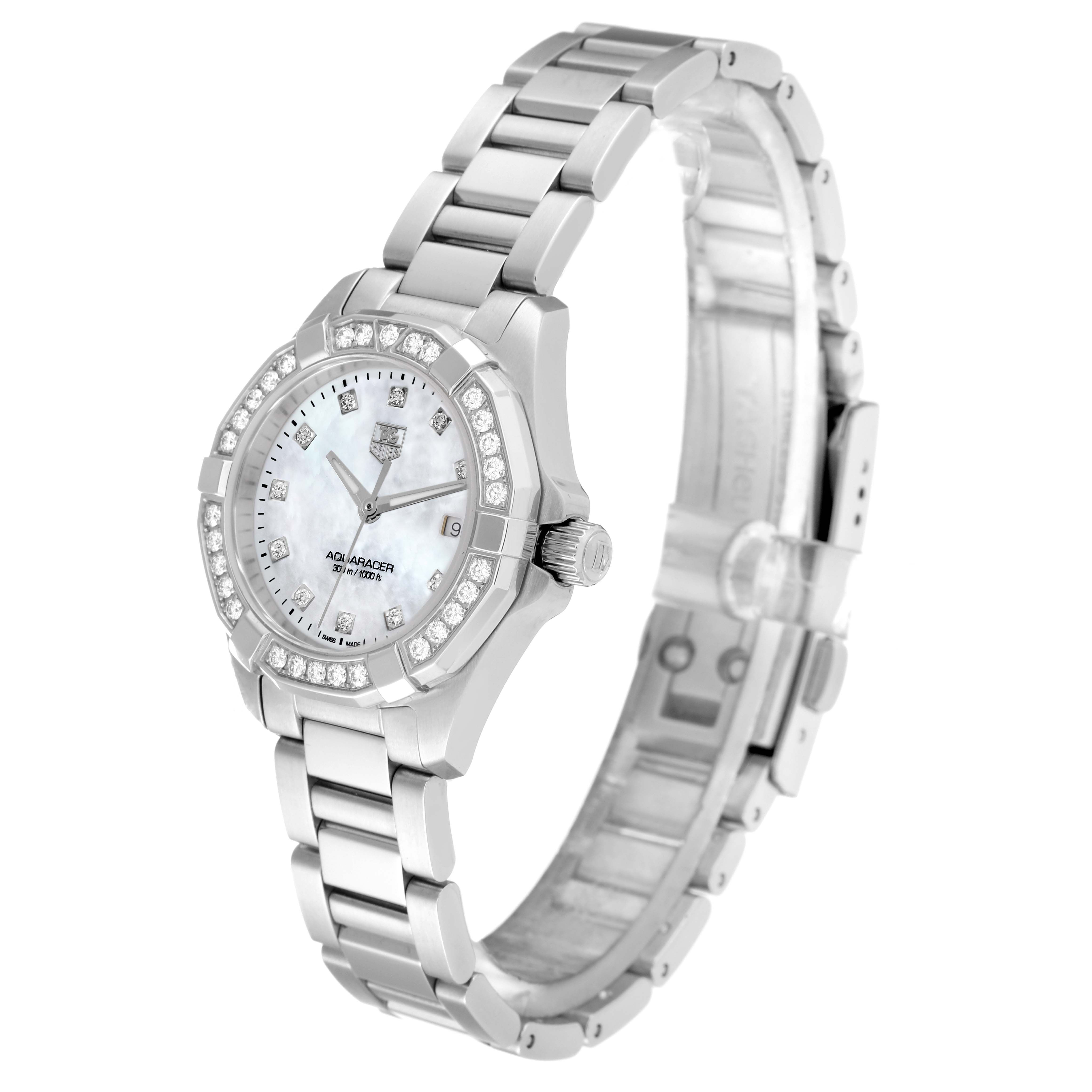 The image shows a Tag Heuer Aquaracer WAY1414.BA0920 Women's Stainless Steel Mother of Pearl Dial WAY1414.BA0920 Women's Stainless Steel Mother of Pearl Dial watch from an angled view, displaying its face, bezel, crown, and part of the bracelet.