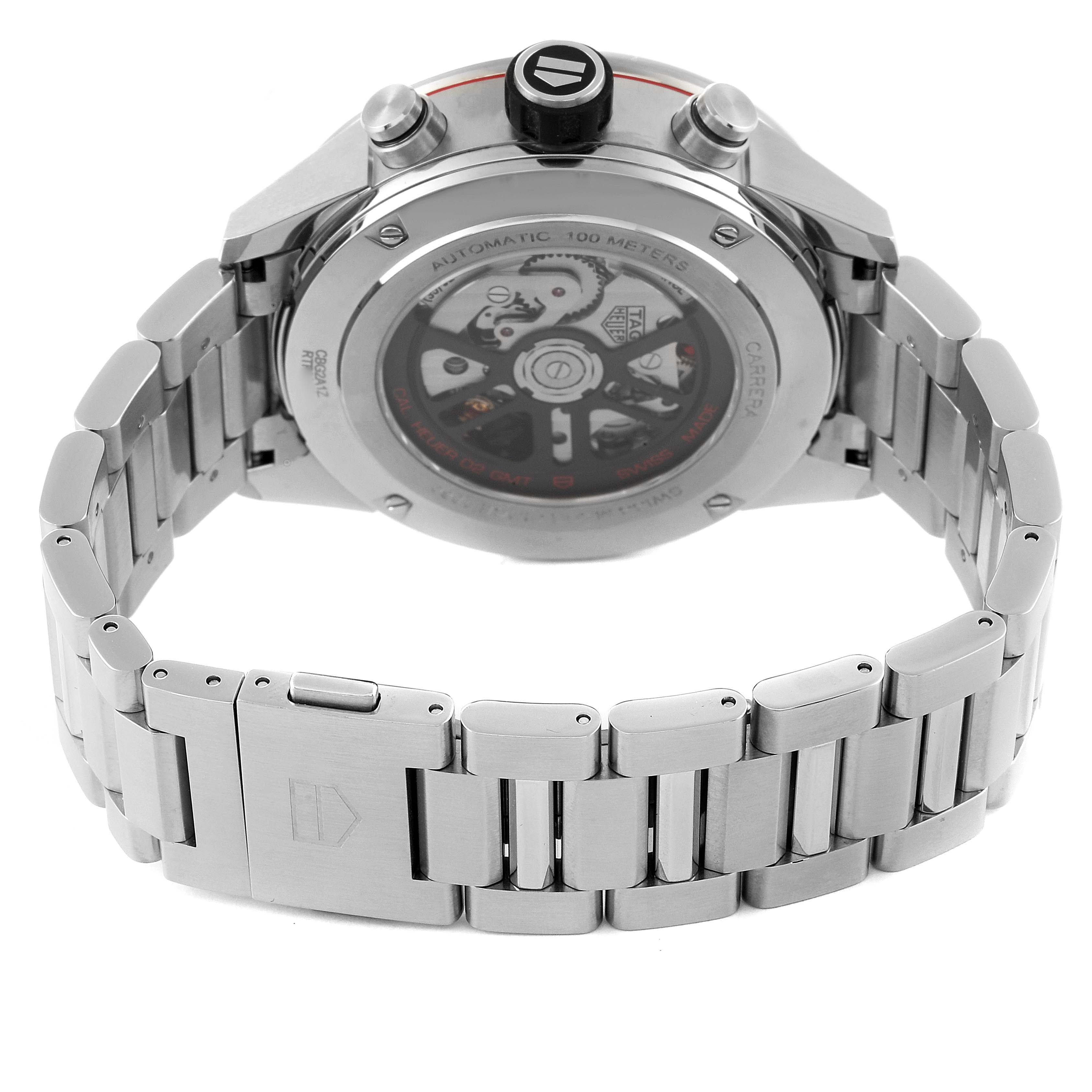 The image shows the back and bracelet of the Tag Heuer Carrera CBG2A1Z.BA0658 Men's Stainless Steel Black Dial CBG2A1Z.BA0658 Men's Stainless Steel Black Dial watch, highlighting the transparent case back and deployment clasp.