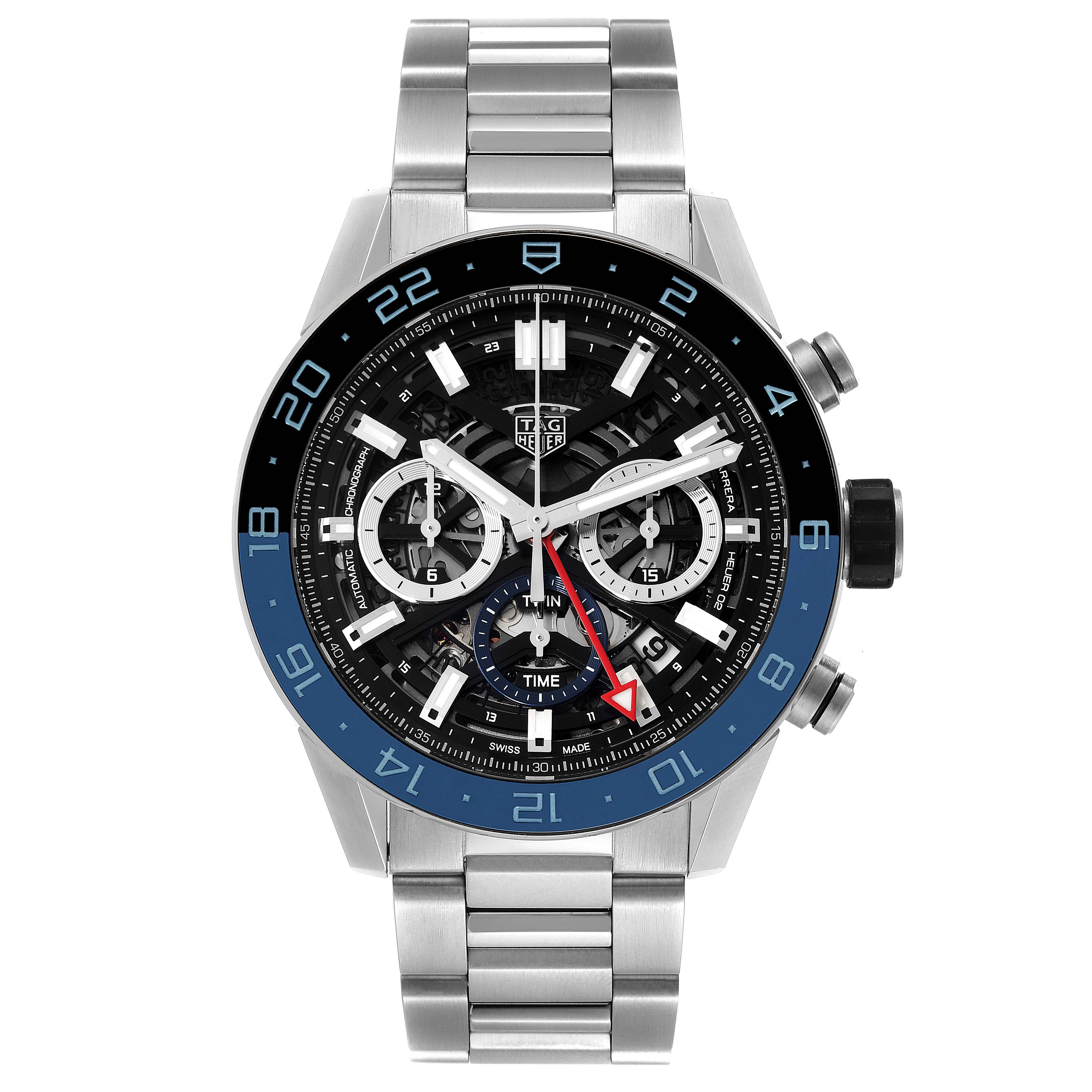 This image shows a front view of the Tag Heuer Carrera CBG2A1Z.BA0658 Men's Stainless Steel Black Dial CBG2A1Z.BA0658 Men's Stainless Steel Black Dial watch, emphasizing its dial and stainless-steel bracelet.