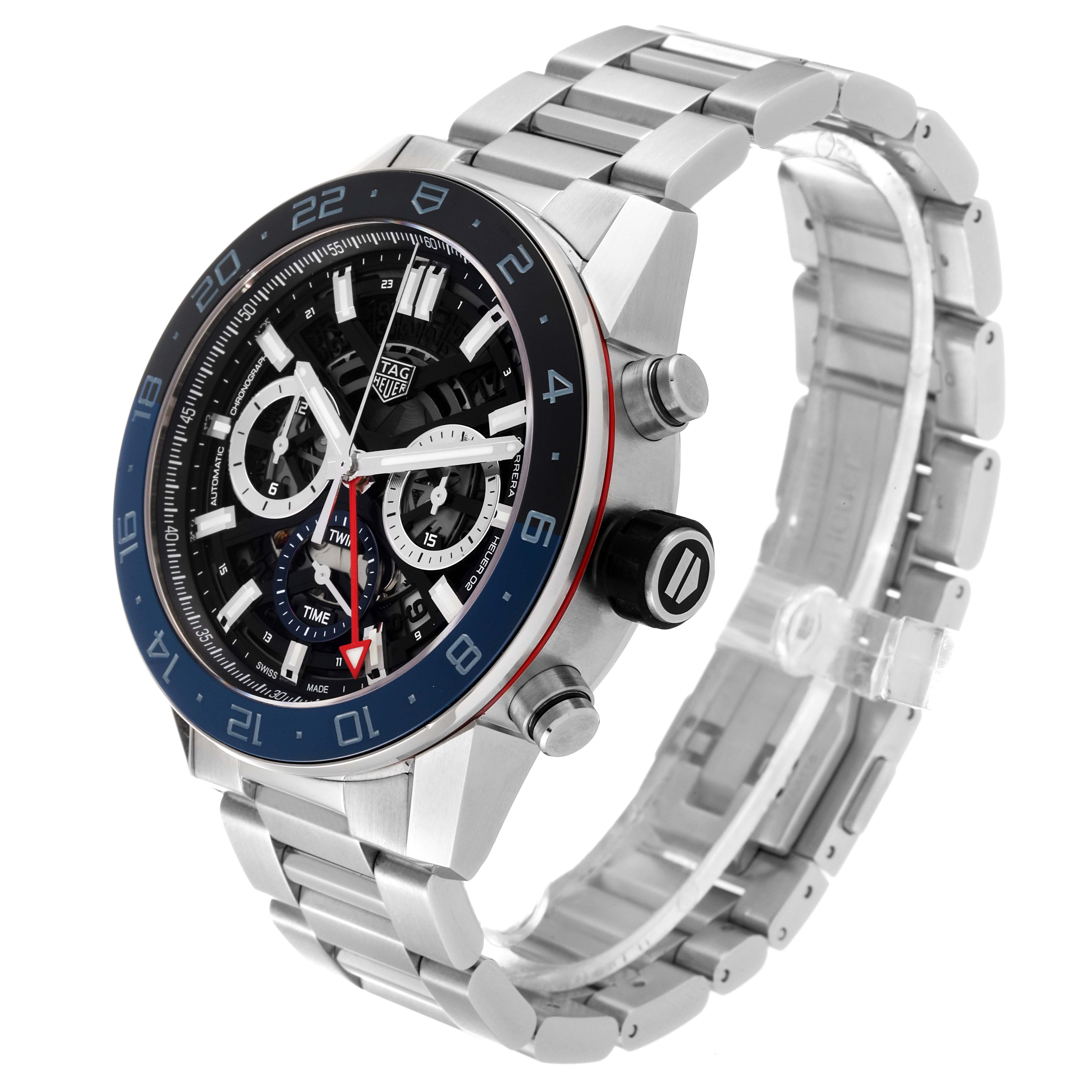 The Tag Heuer Carrera CBG2A1Z.BA0658 Men's Stainless Steel Black Dial CBG2A1Z.BA0658 Men's Stainless Steel Black Dial model watch is shown at a three-quarter angle, displaying the face, bezel, crown, pushers, and part of the bracelet.