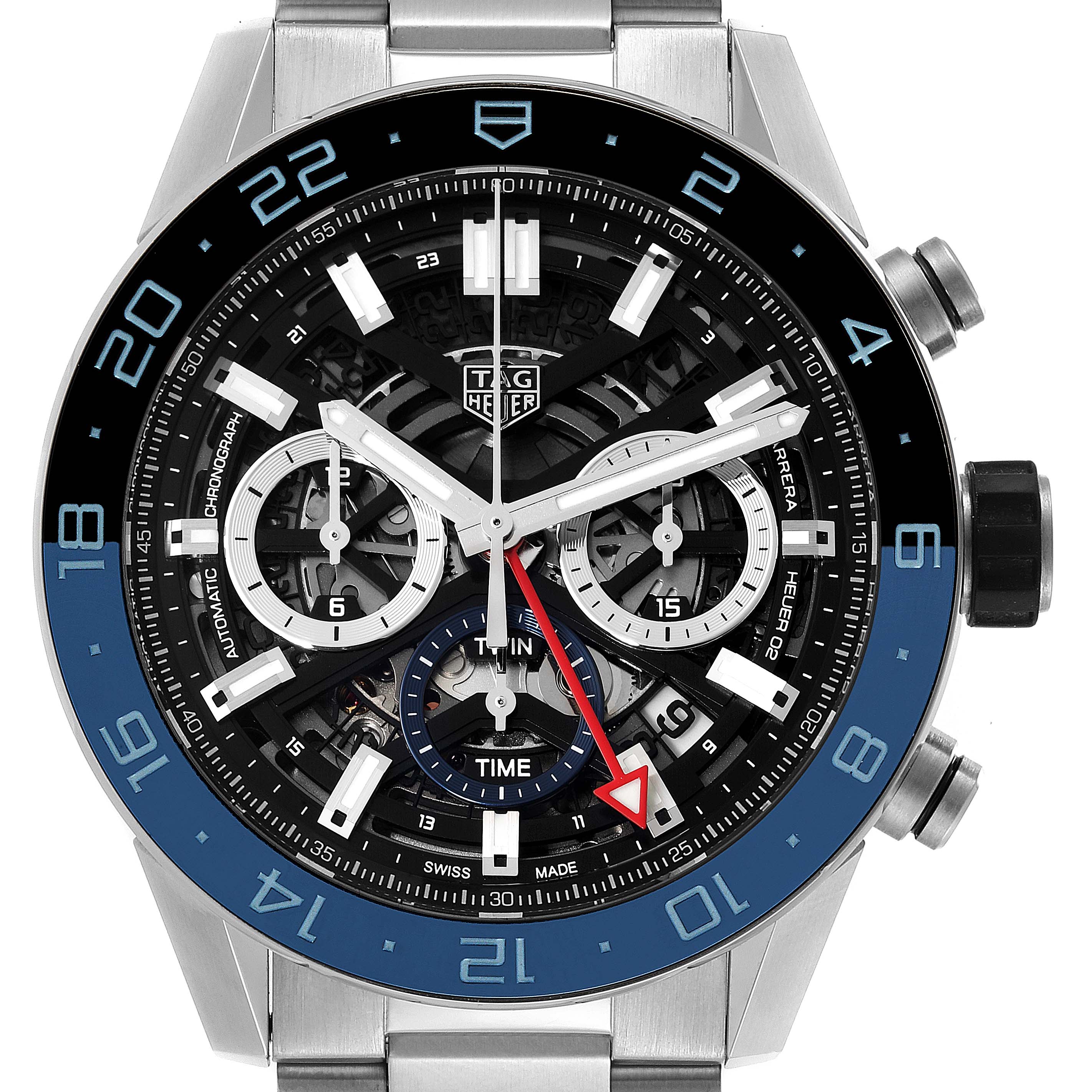 The image shows a frontal view of the Tag Heuer Carrera CBG2A1Z.BA0658 Men's Stainless Steel Black Dial CBG2A1Z.BA0658 Men's Stainless Steel Black Dial model watch, displaying the dial, chronographs, and bezel.