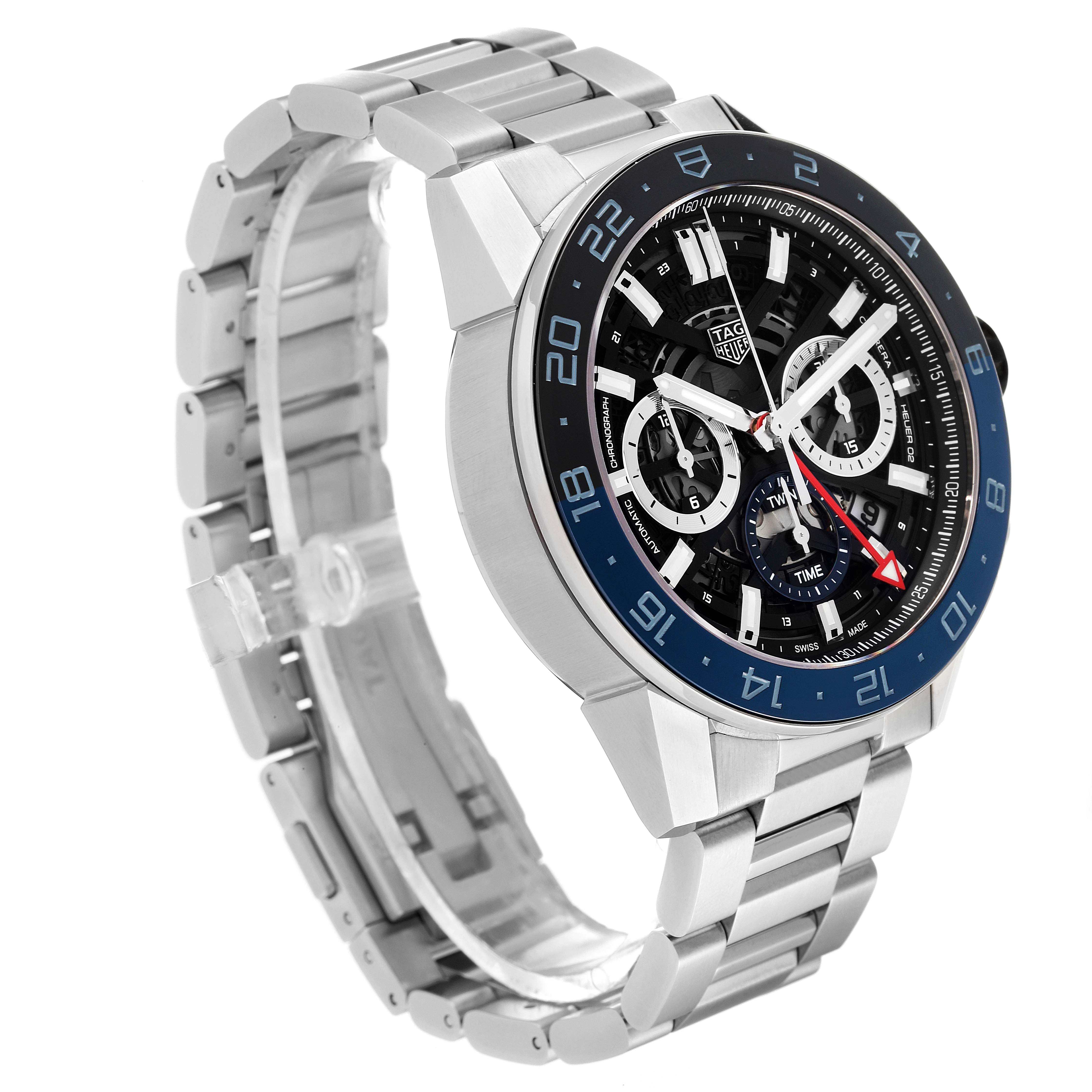 The image shows a Tag Heuer Carrera CBG2A1Z.BA0658 Men's Stainless Steel Black Dial CBG2A1Z.BA0658 Men's Stainless Steel Black Dial watch at a three-quarter angle, displaying the face, bezel, and stainless steel bracelet.