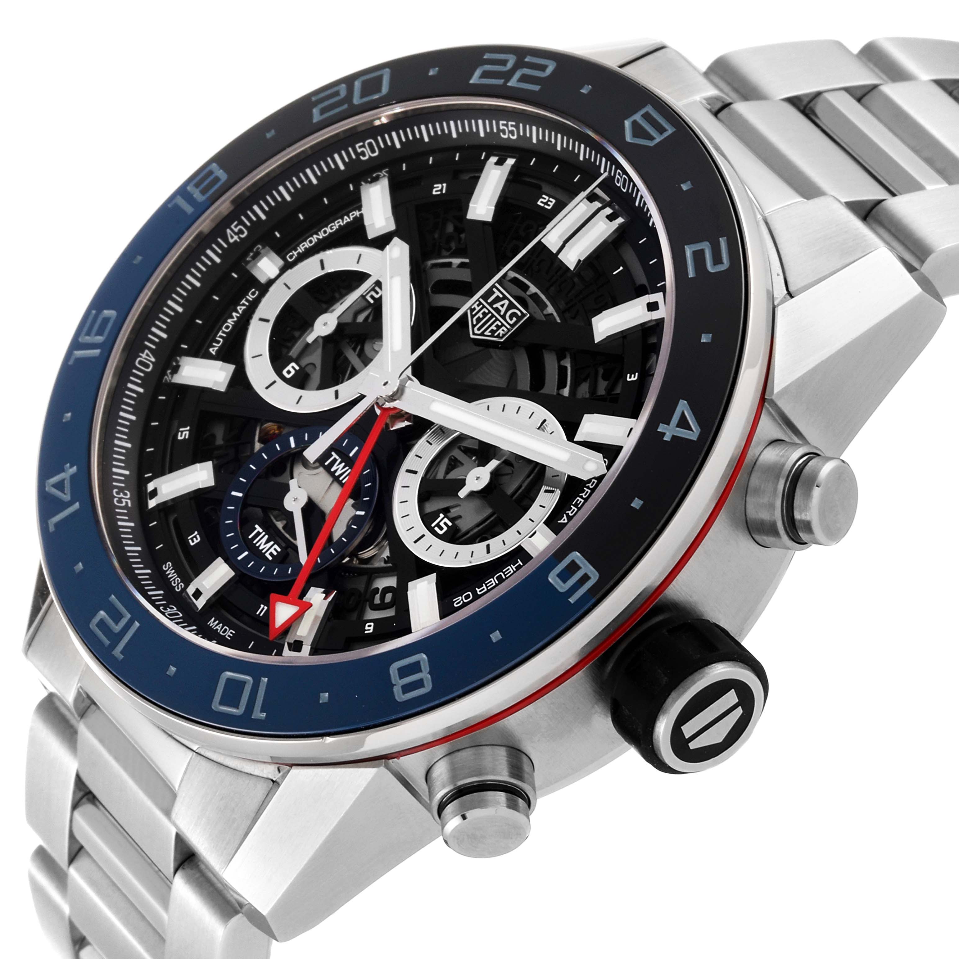 The image shows a Tag Heuer Carrera CBG2A1Z.BA0658 Men's Stainless Steel Black Dial CBG2A1Z.BA0658 Men's Stainless Steel Black Dial watch from an angled side view, highlighting the bracelet, dial, and crown.