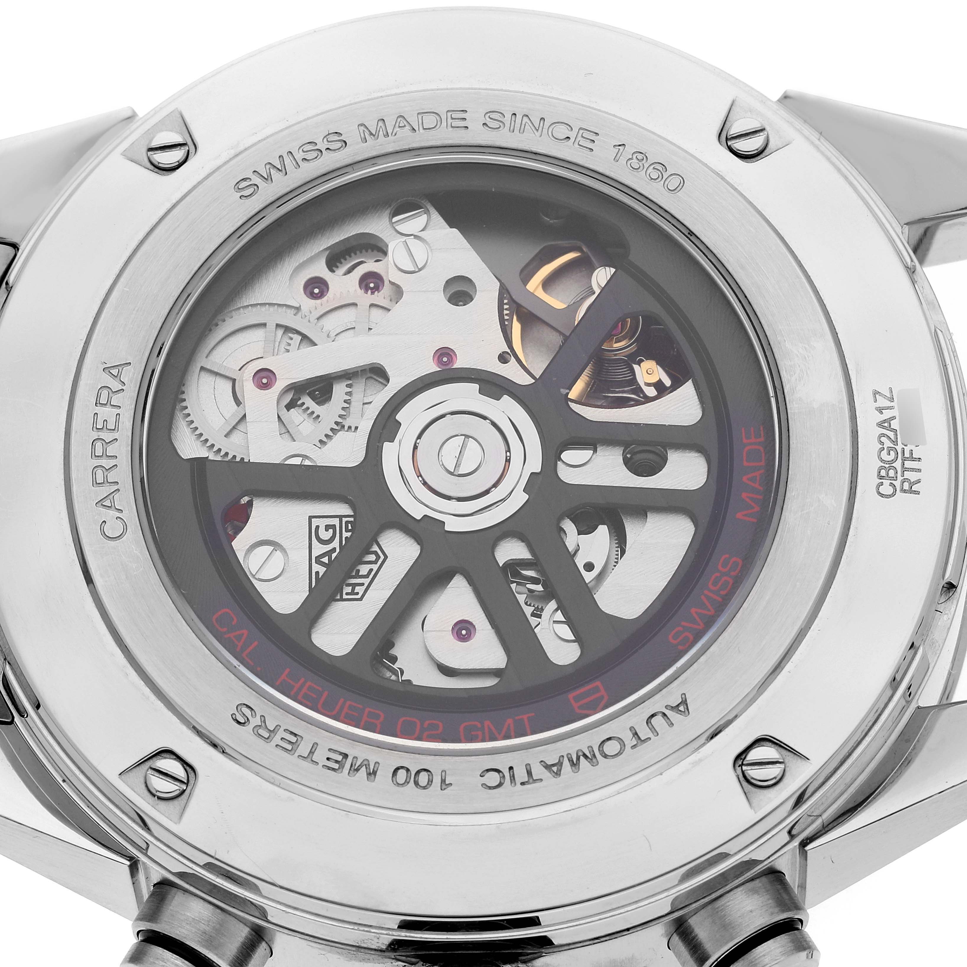 The image shows the back view of a Tag Heuer Carrera CBG2A1Z.BA0658 Men's Stainless Steel Black Dial CBG2A1Z.BA0658 Men's Stainless Steel Black Dial watch, revealing its automatic movement and internal mechanics.