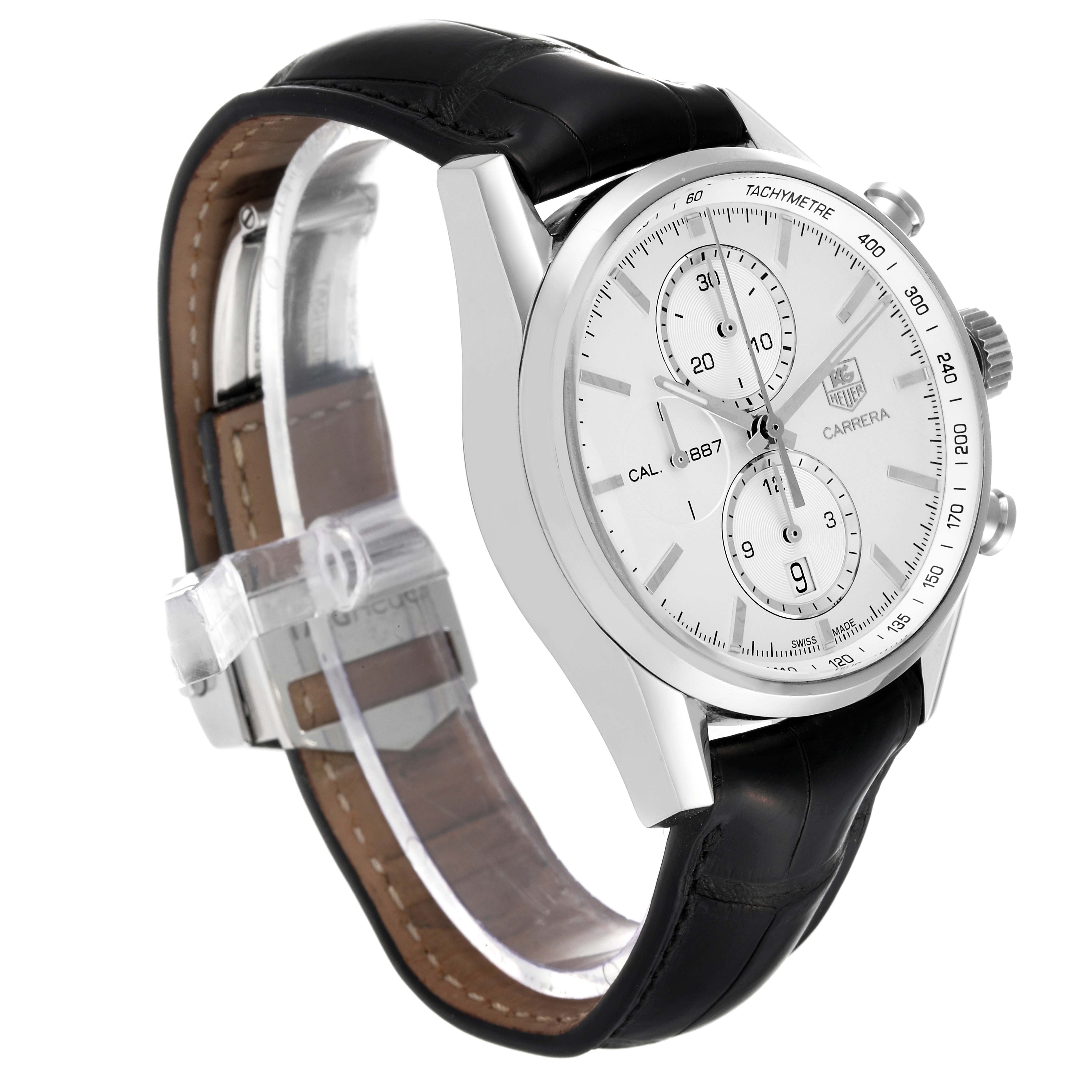 The Tag Heuer Carrera CAR2111 Men's Stainless Steel Silver Dial CAR2111 Men's Stainless Steel Silver Dial model watch is shown at a side angle, displaying its face, casing, and leather strap.