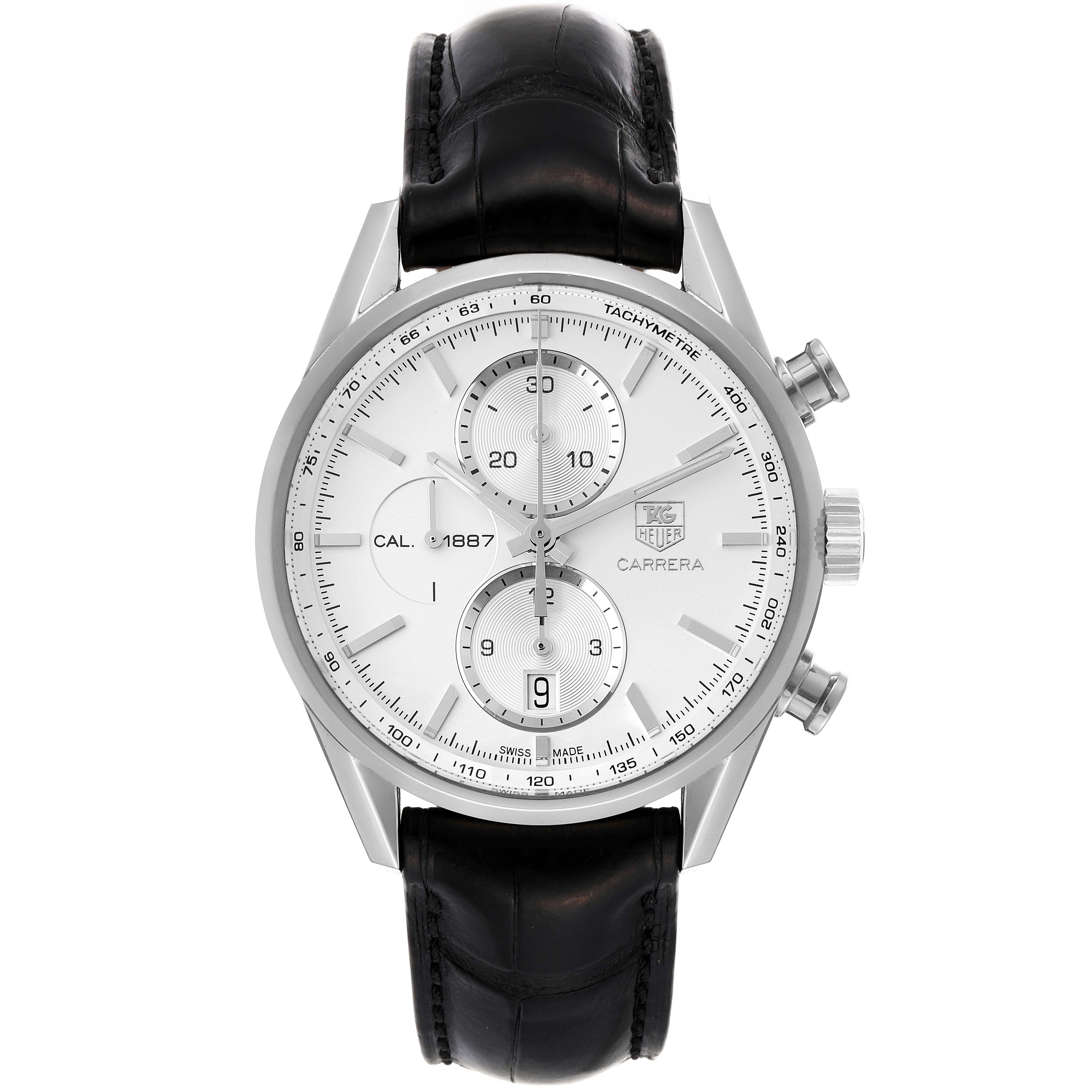 The image shows a front view of the Tag Heuer Carrera CAR2111 Men's Stainless Steel Silver Dial CAR2111 Men's Stainless Steel Silver Dial watch, featuring its dial, case, subdials, and black leather strap.