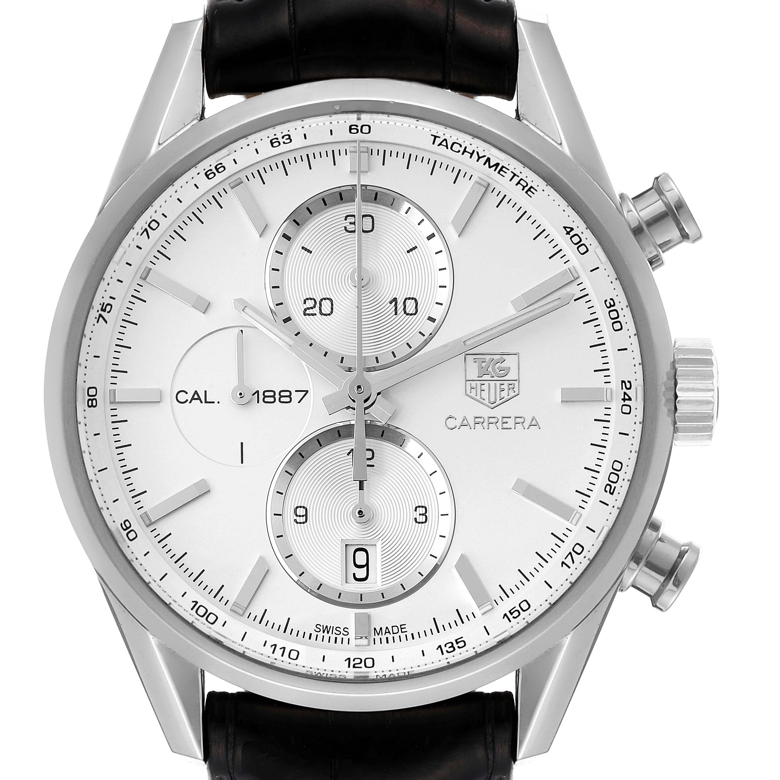 The image shows a front view of a Tag Heuer Carrera CAR2111 Men's Stainless Steel Silver Dial CAR2111 Men's Stainless Steel Silver Dial watch, displaying its dial, sub-dials, and crown.